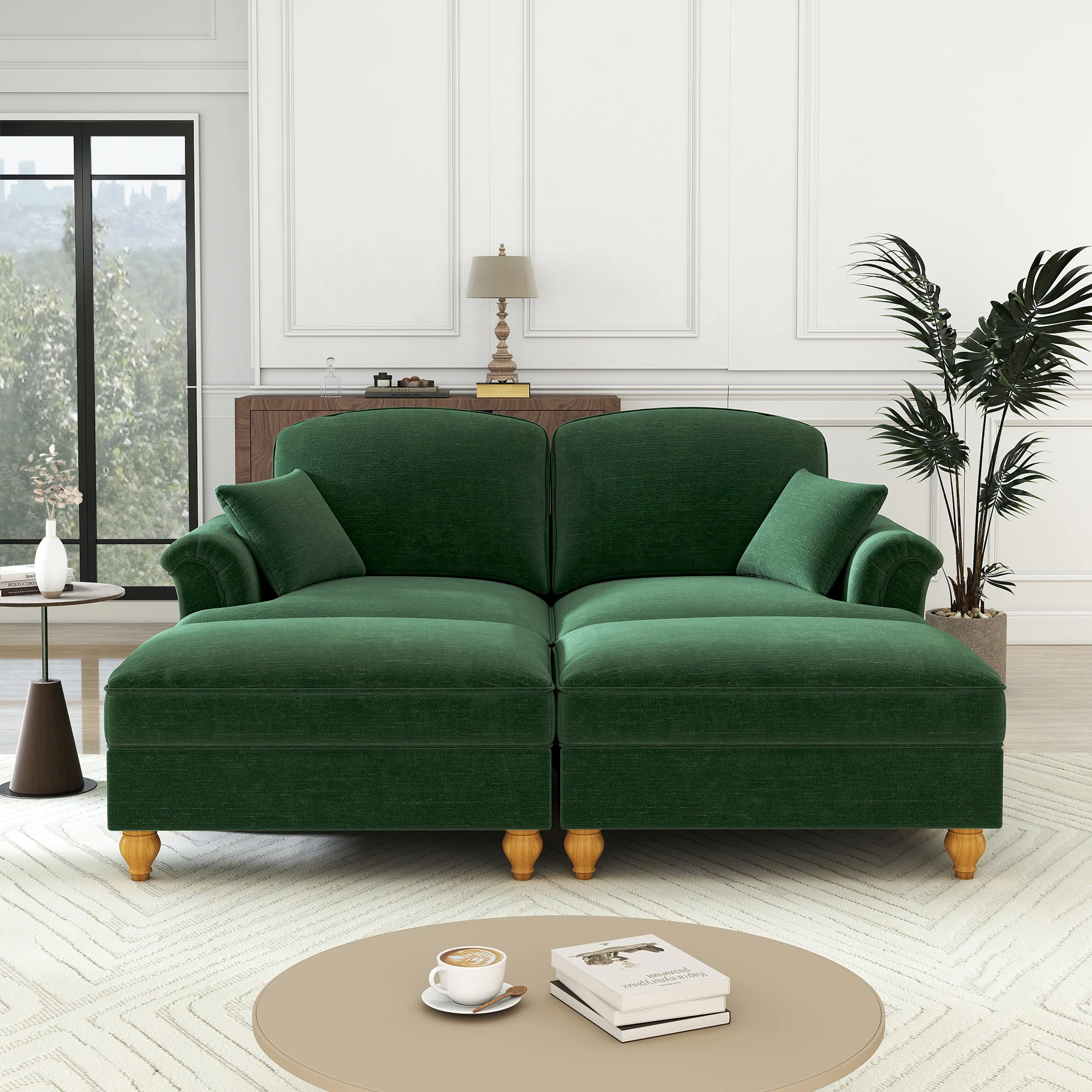 Classic Modular 2-Seater Sofa Movable Ottoman Funnel Armrests Chenille Green - Image 3