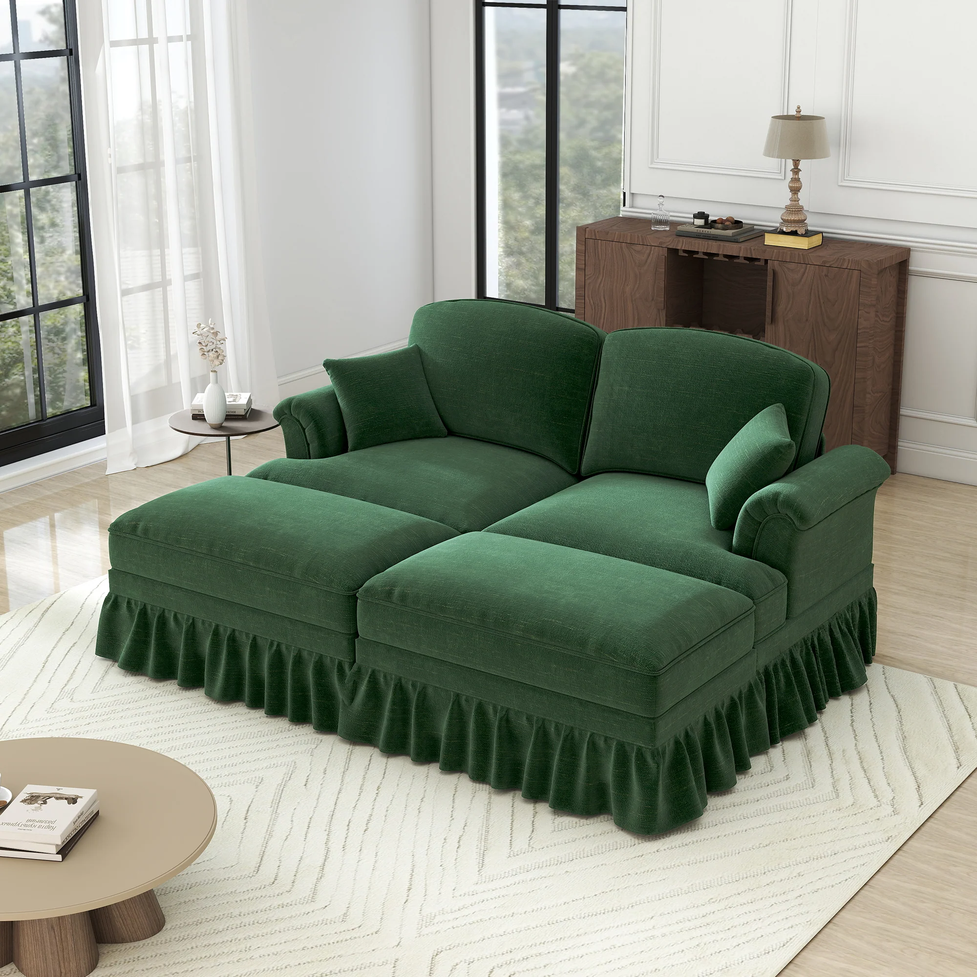Classic Modular 2-Seater Sofa Movable Ottoman Funnel Armrests Chenille Green - Image 6