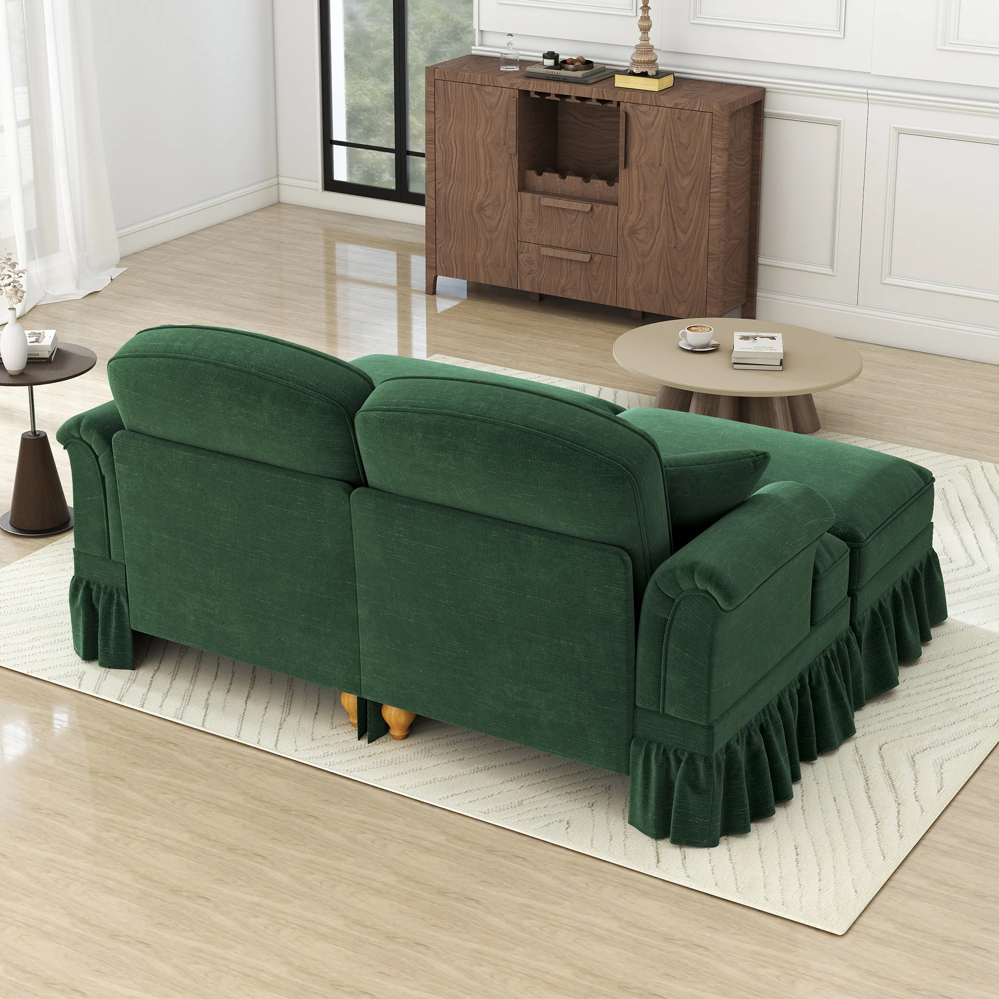 Classic Modular 2-Seater Sofa Movable Ottoman Funnel Armrests Chenille Green - Image 7