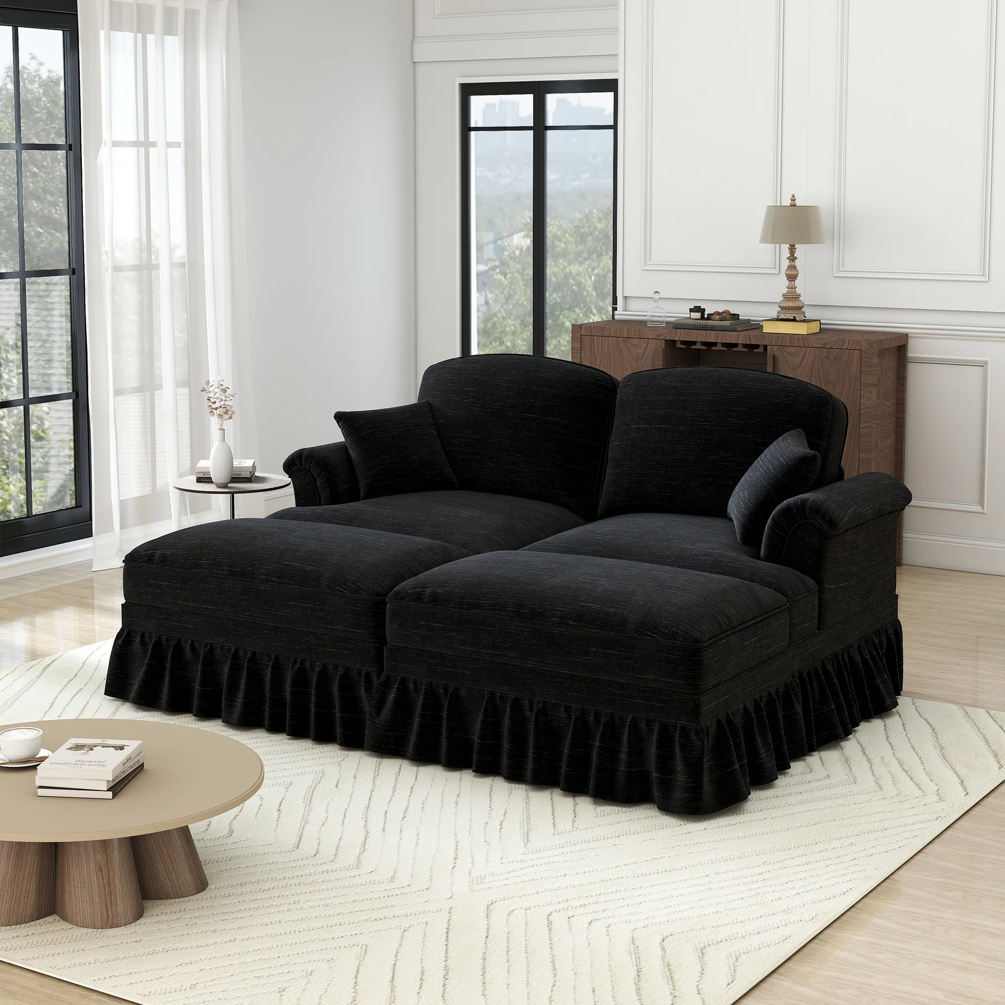 Classic Modular 2-Seater Sofa with Ottoman & Ruffled Apron - Black Chenille - Image 2
