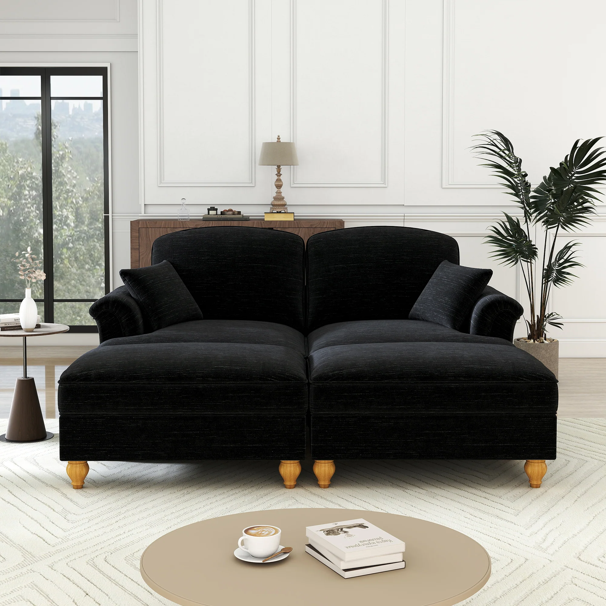 Classic Modular 2-Seater Sofa with Ottoman & Ruffled Apron - Black Chenille - Image 3