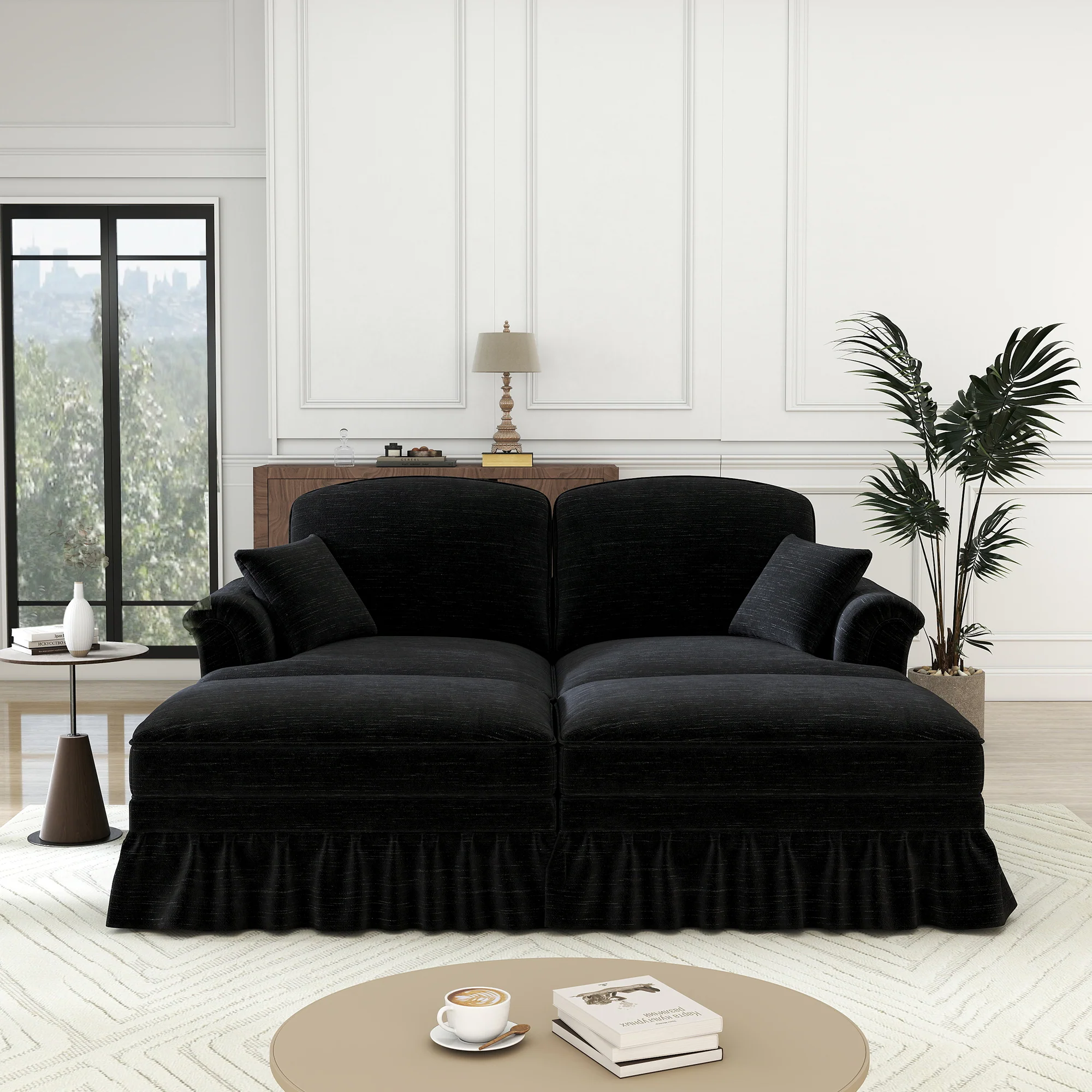 Classic Modular 2-Seater Sofa with Ottoman & Ruffled Apron - Black Chenille - Image 4
