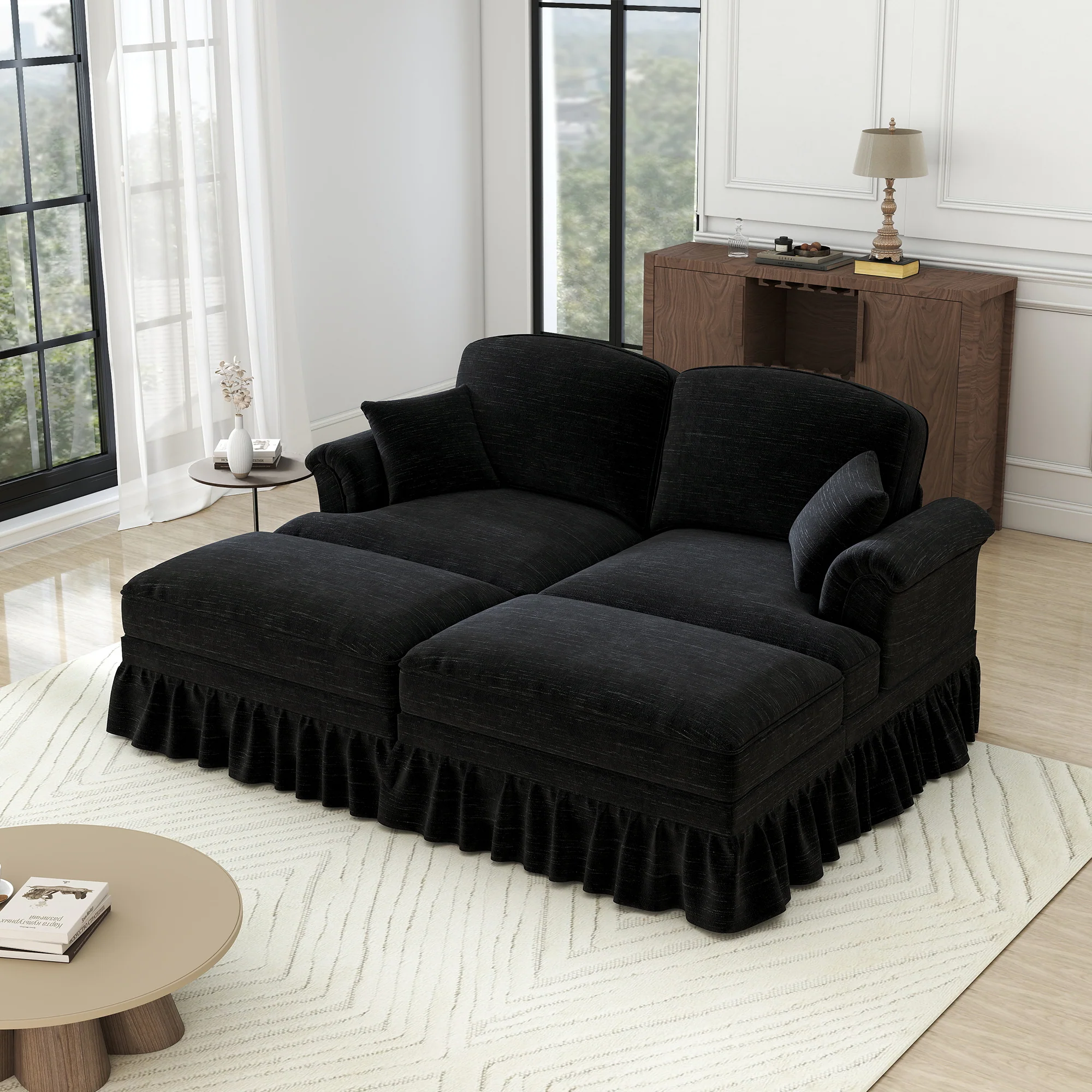 Classic Modular 2-Seater Sofa with Ottoman & Ruffled Apron - Black Chenille - Image 6