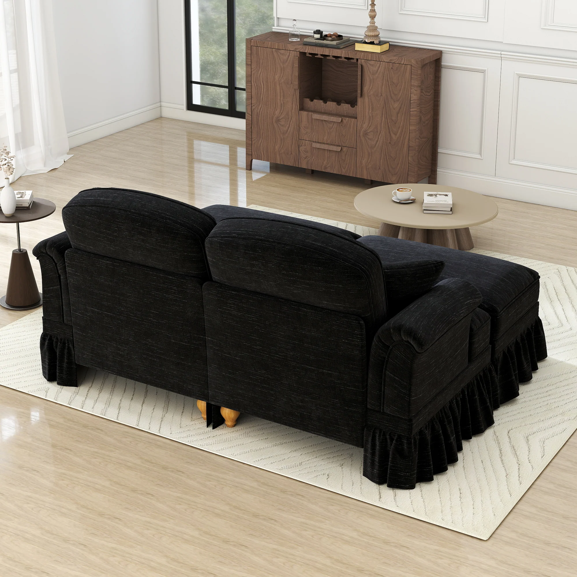 Classic Modular 2-Seater Sofa with Ottoman & Ruffled Apron - Black Chenille - Image 7
