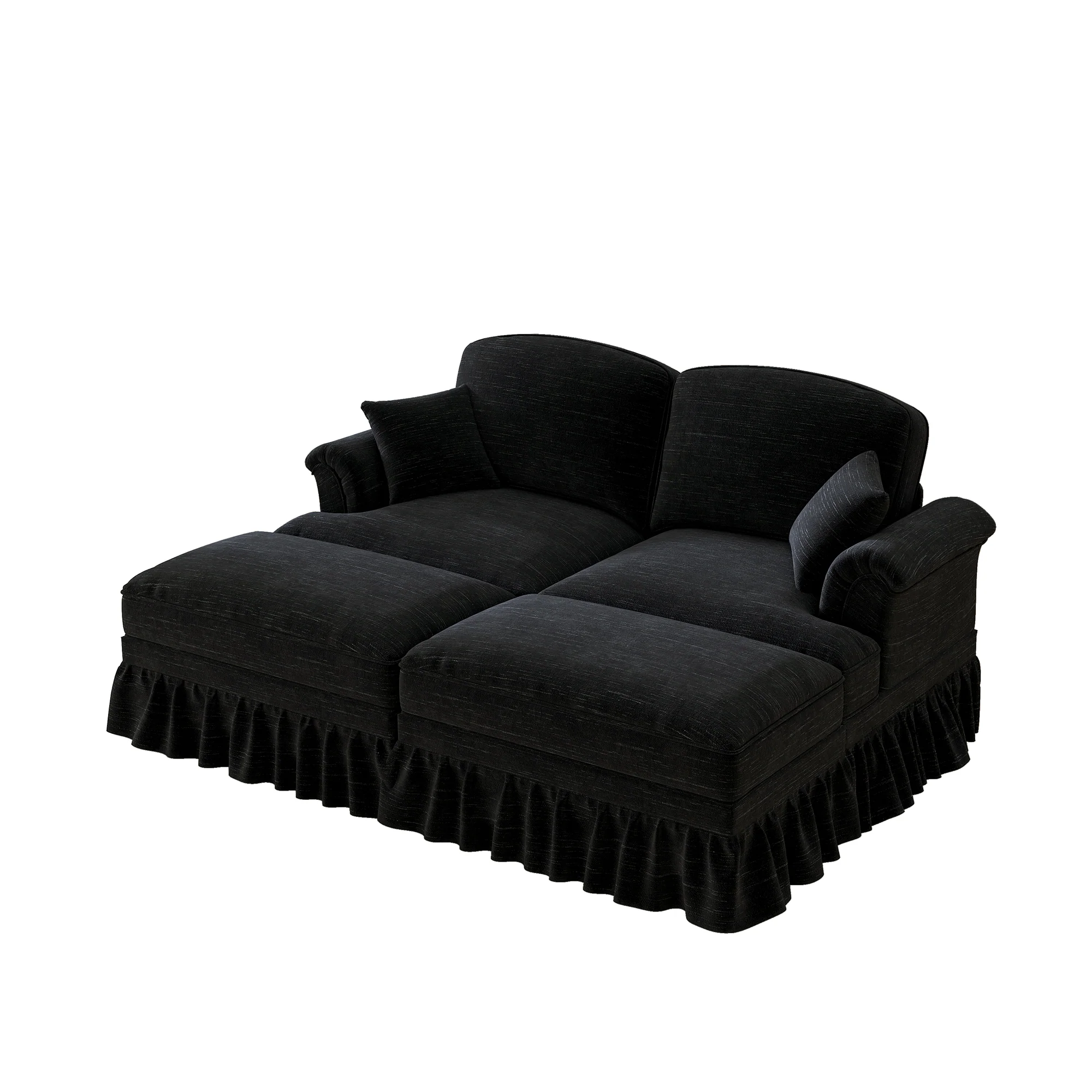 Classic Modular 2-Seater Sofa with Ottoman & Ruffled Apron - Black Chenille - Image 9