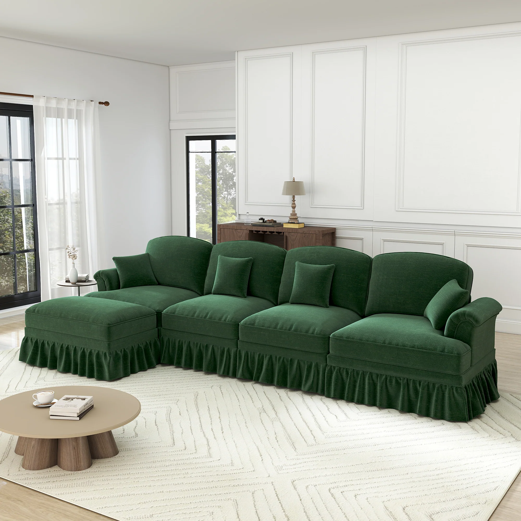 Classic Modular L-Shaped 4-Seater Sofa w/ Movable Ottoman Deep Seat, Chenille Green - Image 2