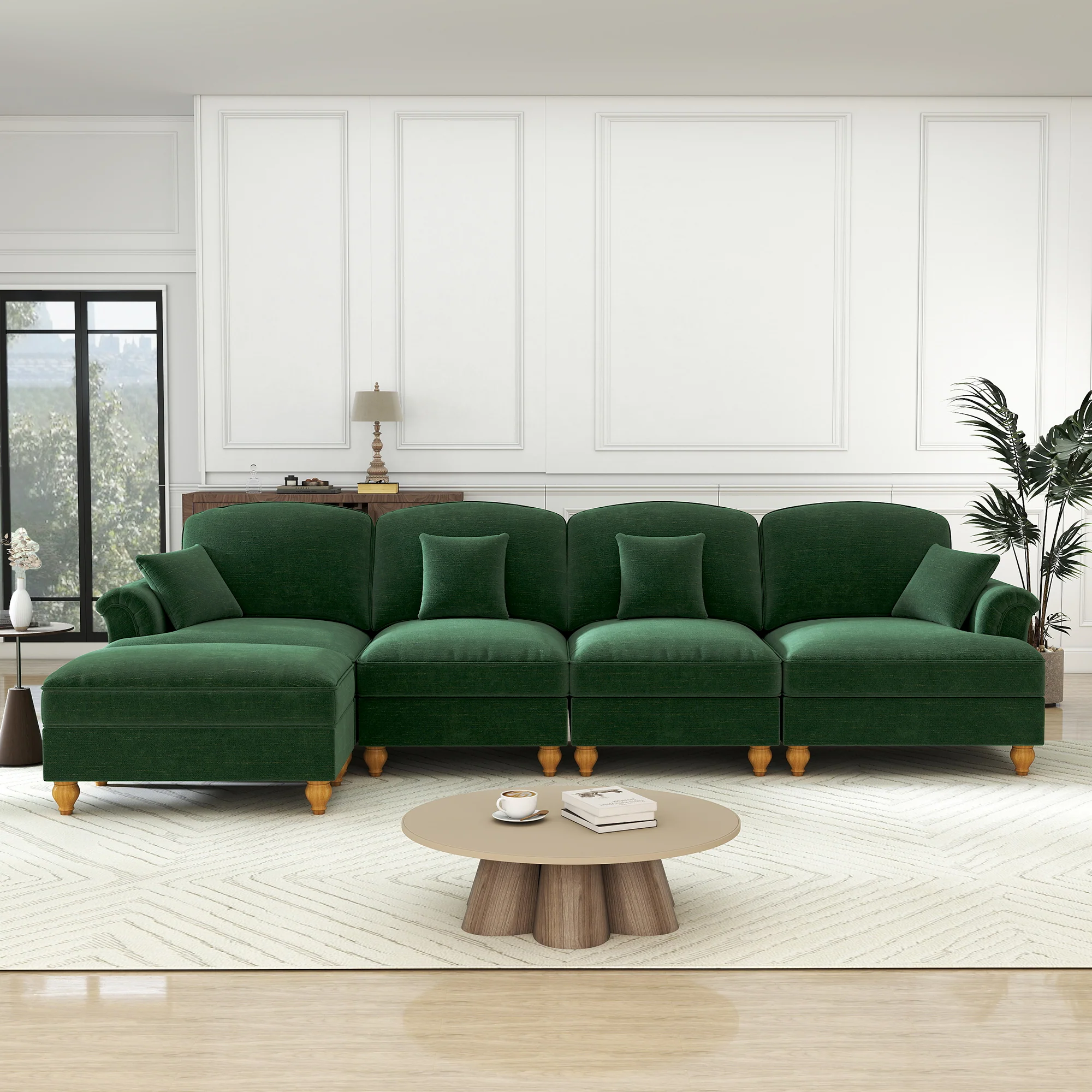 Classic Modular L-Shaped 4-Seater Sofa w/ Movable Ottoman Deep Seat, Chenille Green - Image 3