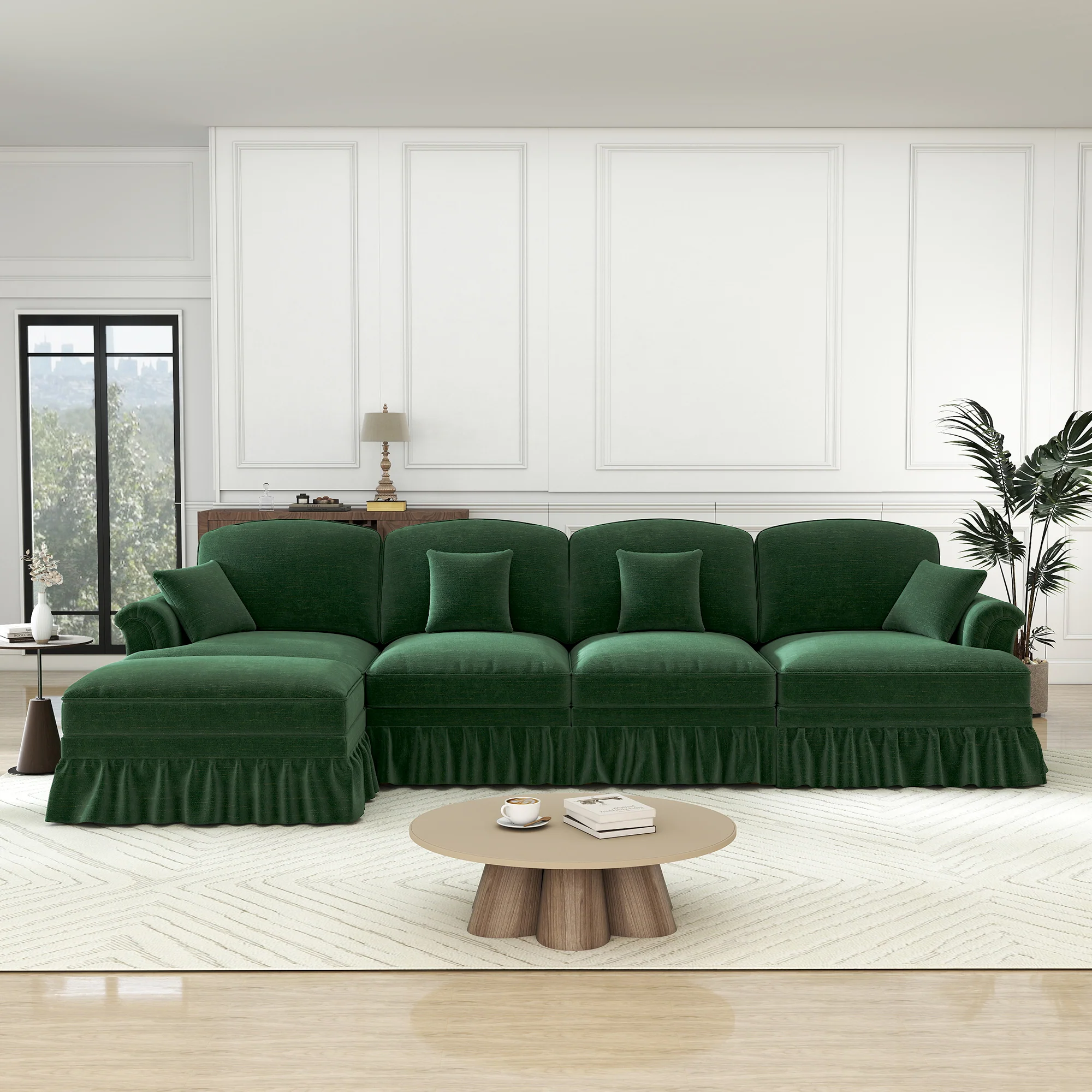 Classic Modular L-Shaped 4-Seater Sofa w/ Movable Ottoman Deep Seat, Chenille Green - Image 4
