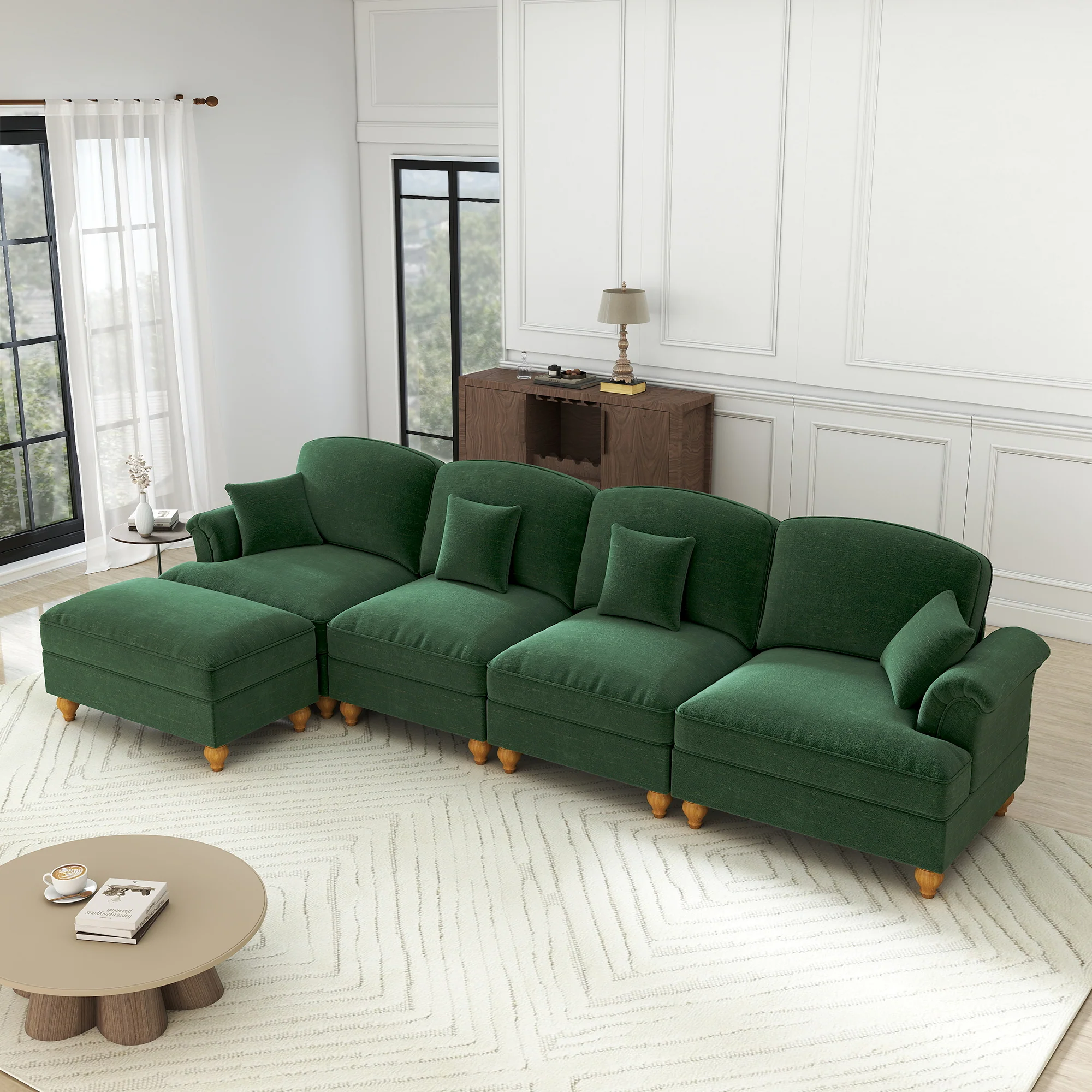 Classic Modular L-Shaped 4-Seater Sofa w/ Movable Ottoman Deep Seat, Chenille Green - Image 5