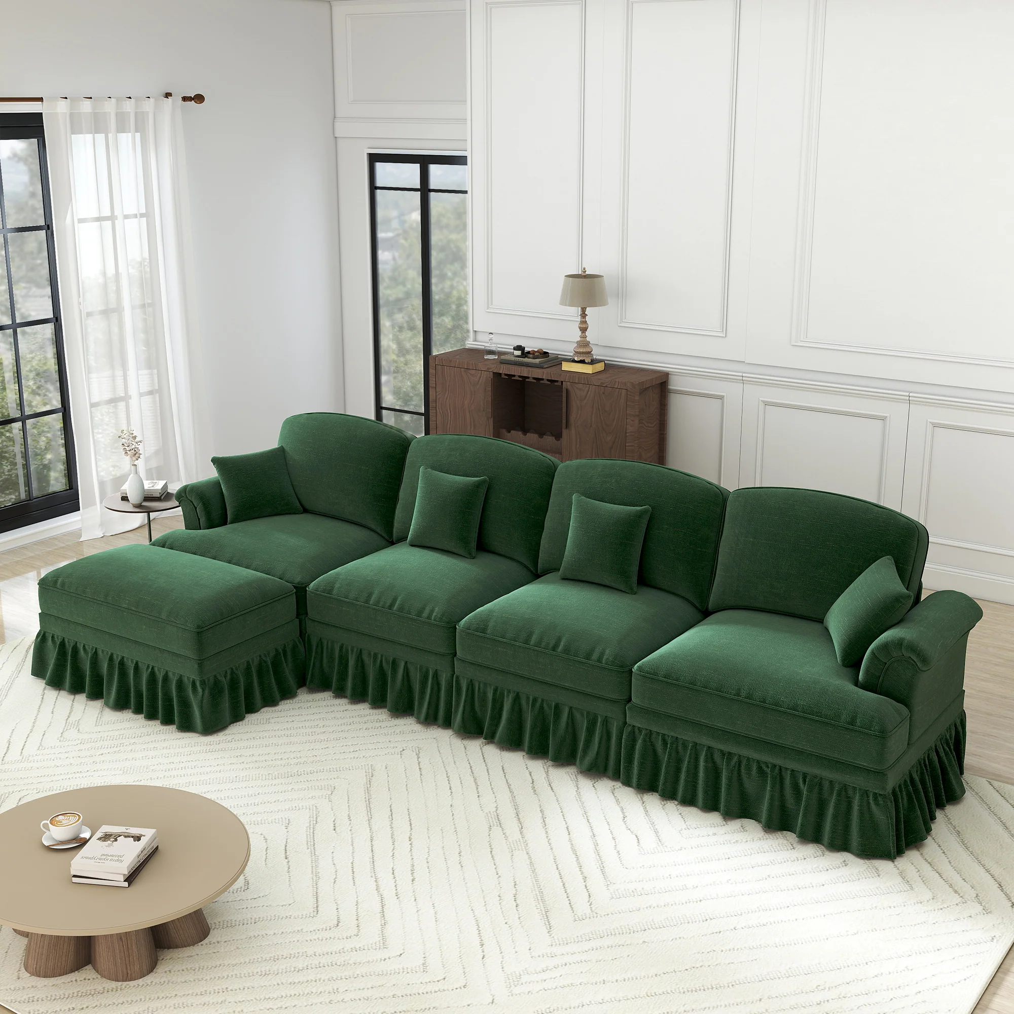 Classic Modular L-Shaped 4-Seater Sofa w/ Movable Ottoman Deep Seat, Chenille Green - Image 6