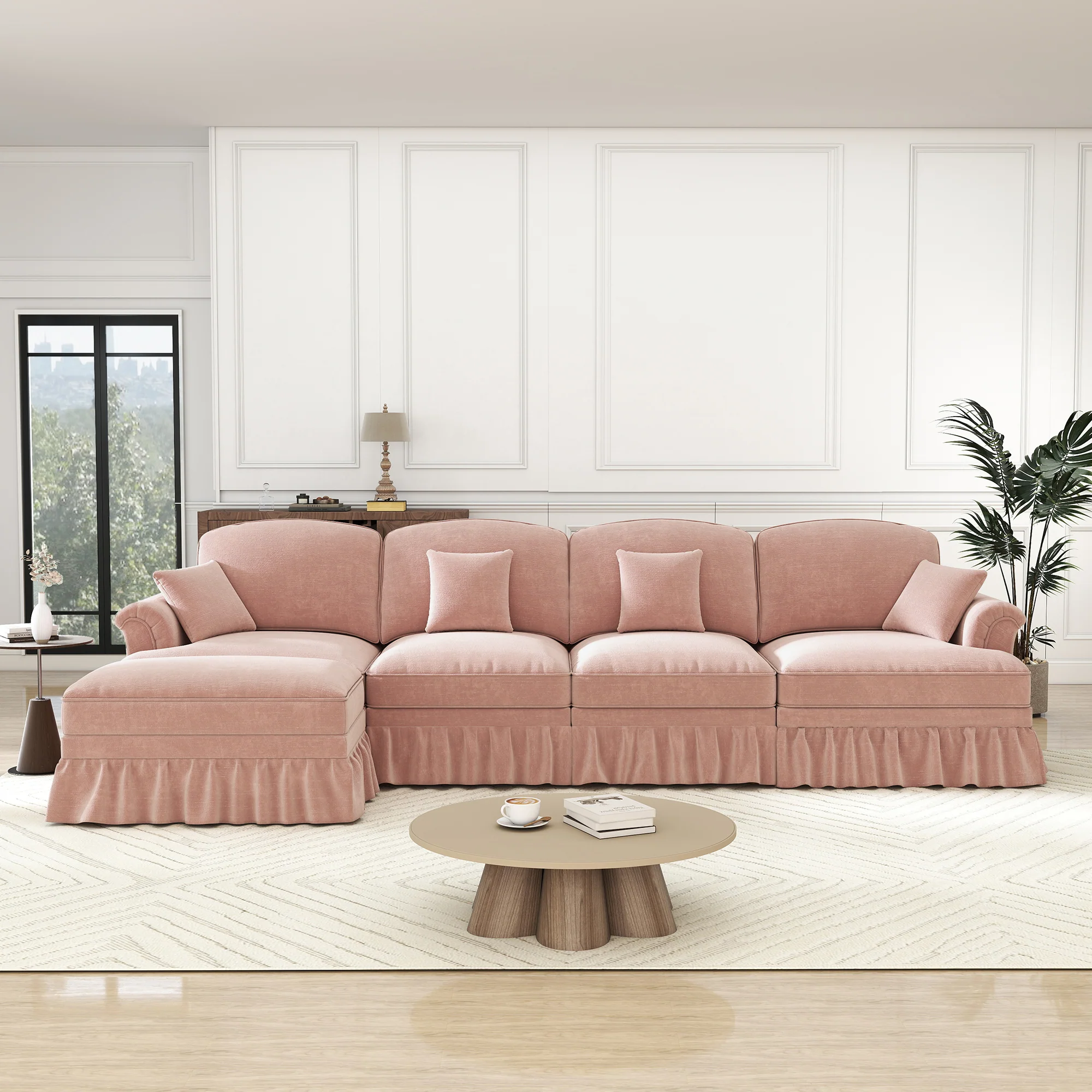 Classic Modular L-Shaped 4-Seater Sofa with Movable Ottoman Chenille Pink - Image 4