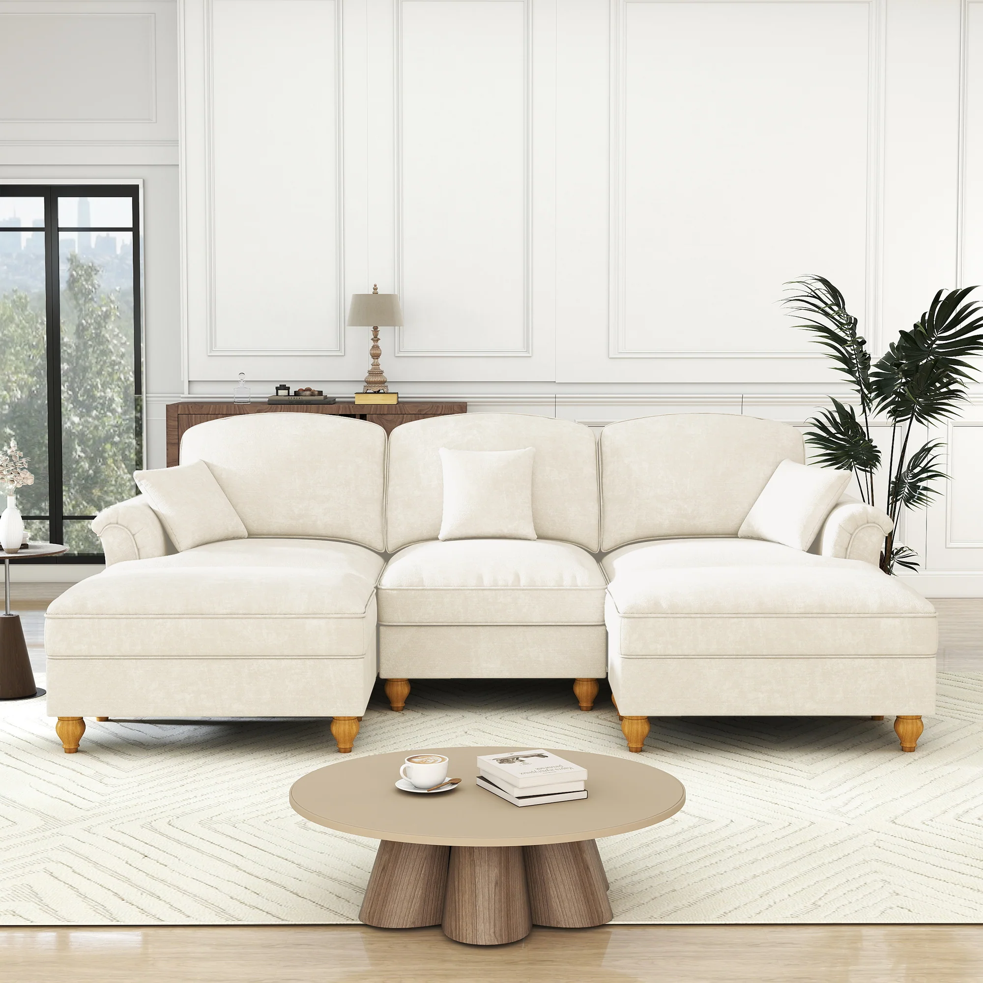 Classic Modular U-Shaped Sofa Chenille Movable Ottoman - White - Image 3