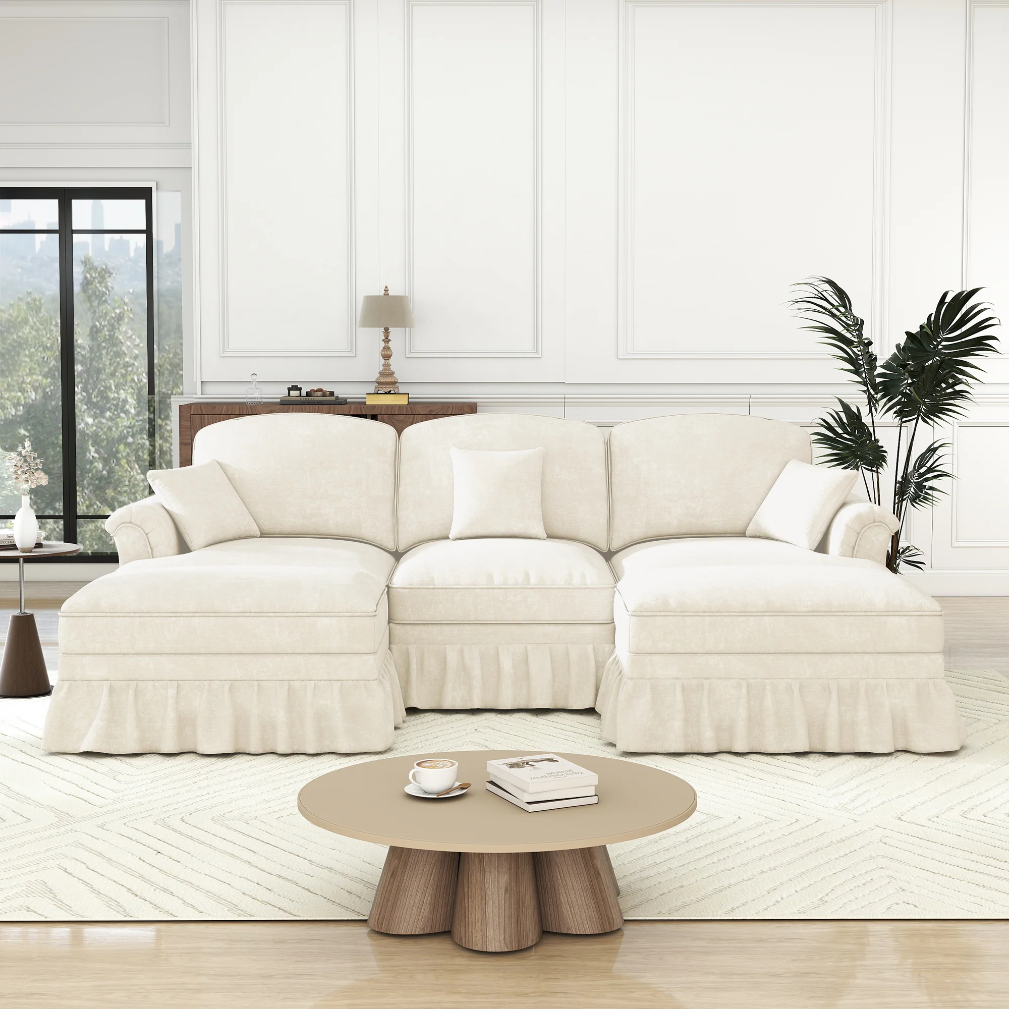 Classic Modular U-Shaped Sofa Chenille Movable Ottoman - White - Image 4