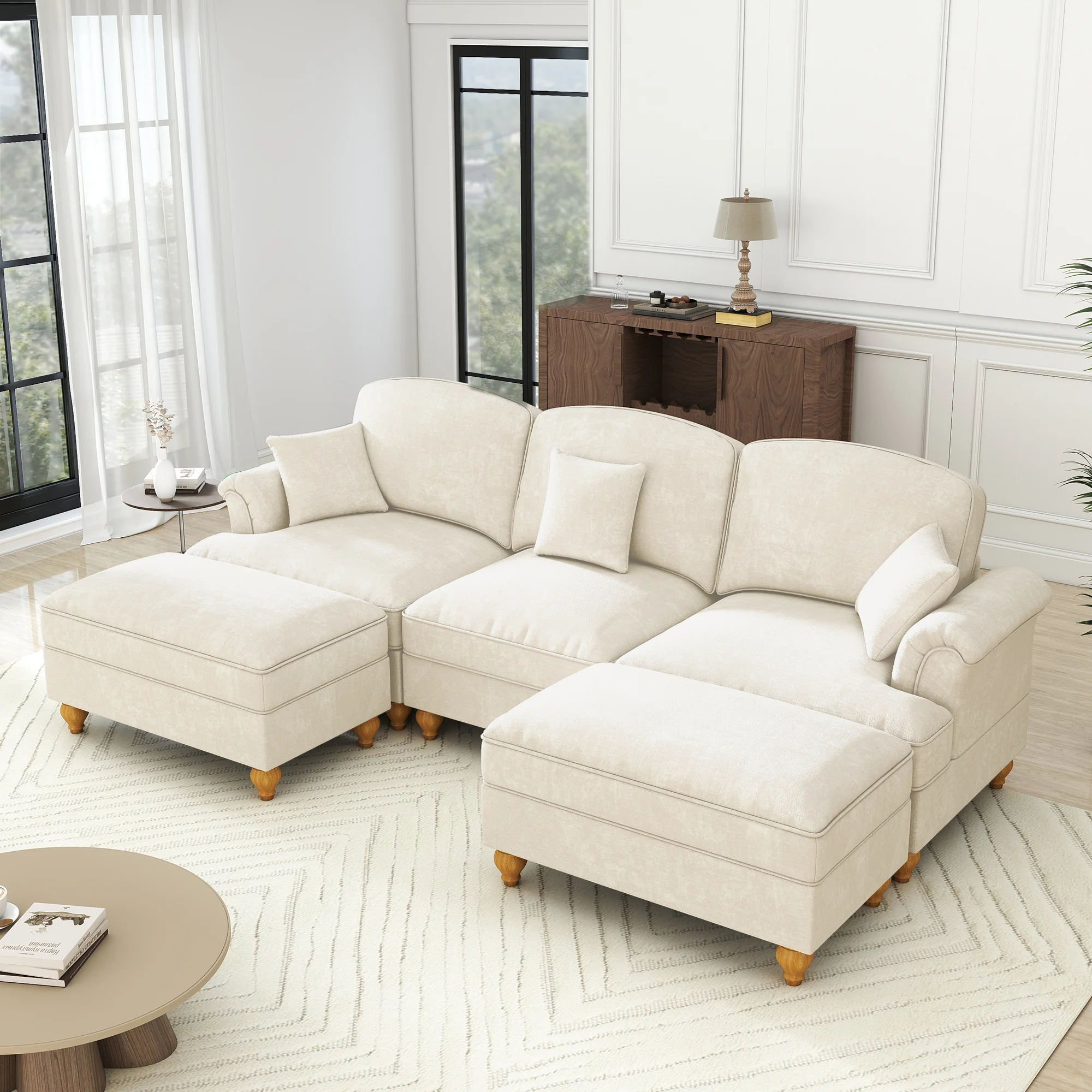 Classic Modular U-Shaped Sofa Chenille Movable Ottoman - White - Image 5