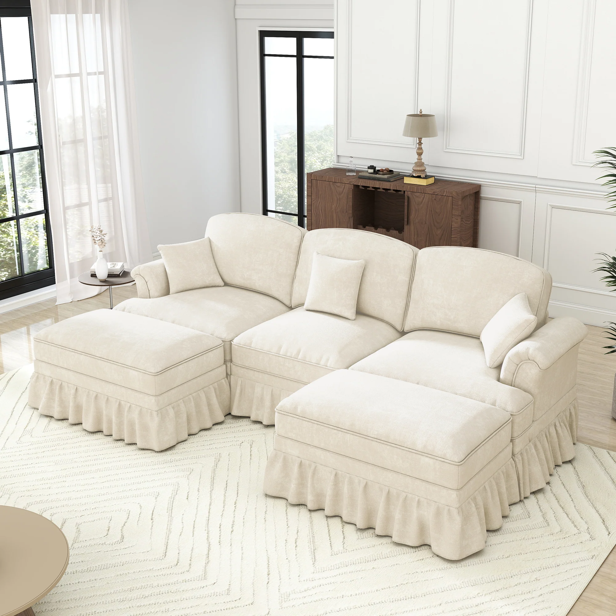 Classic Modular U-Shaped Sofa Chenille Movable Ottoman - White - Image 6