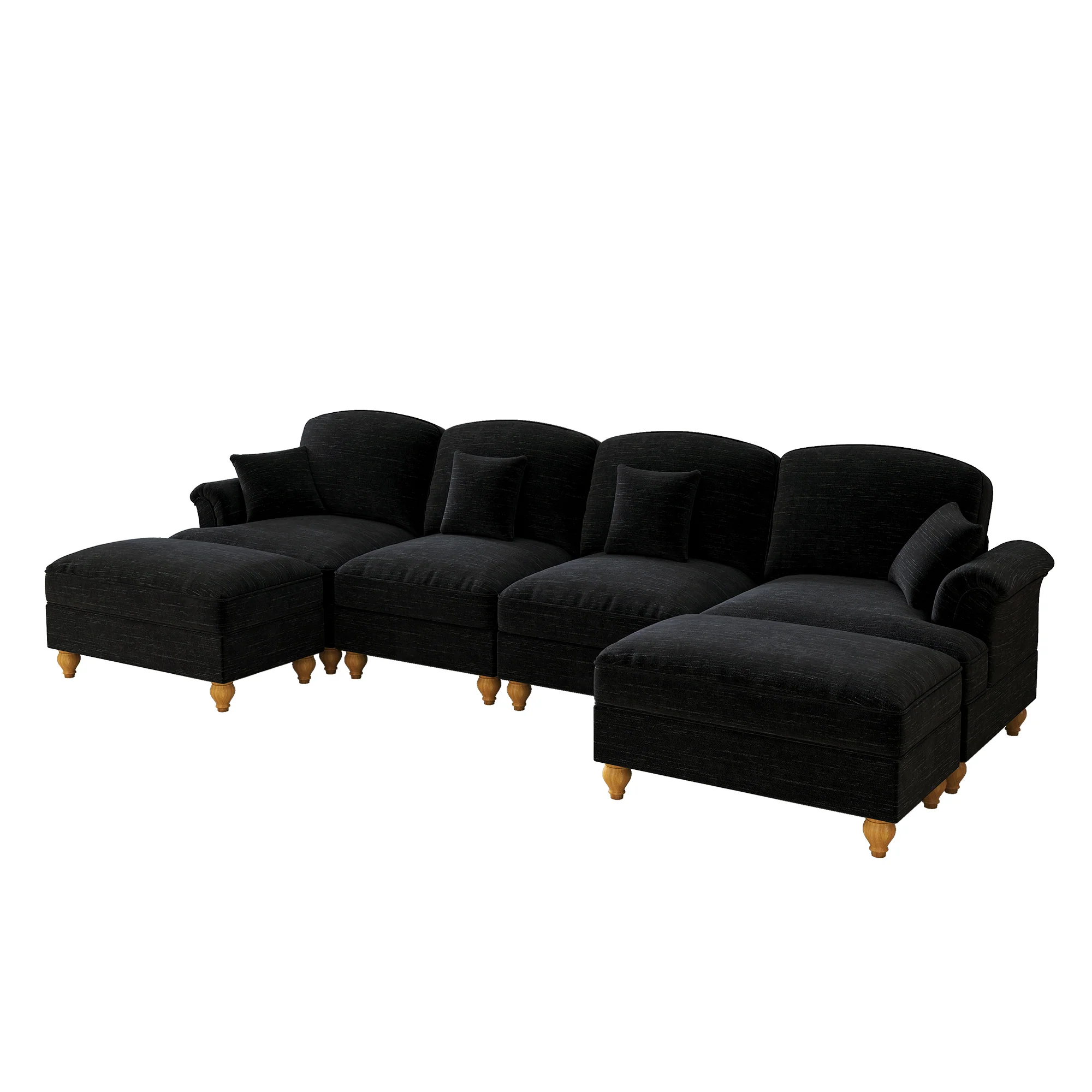 Classic U-shaped Modular Sofa 4-Seater Movable Ottoman Removable Apron - Chenille Black - Image 10