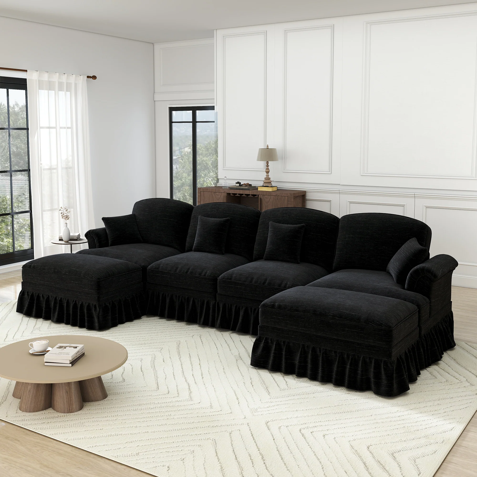 Classic U-shaped Modular Sofa 4-Seater Movable Ottoman Removable Apron - Chenille Black - Image 2