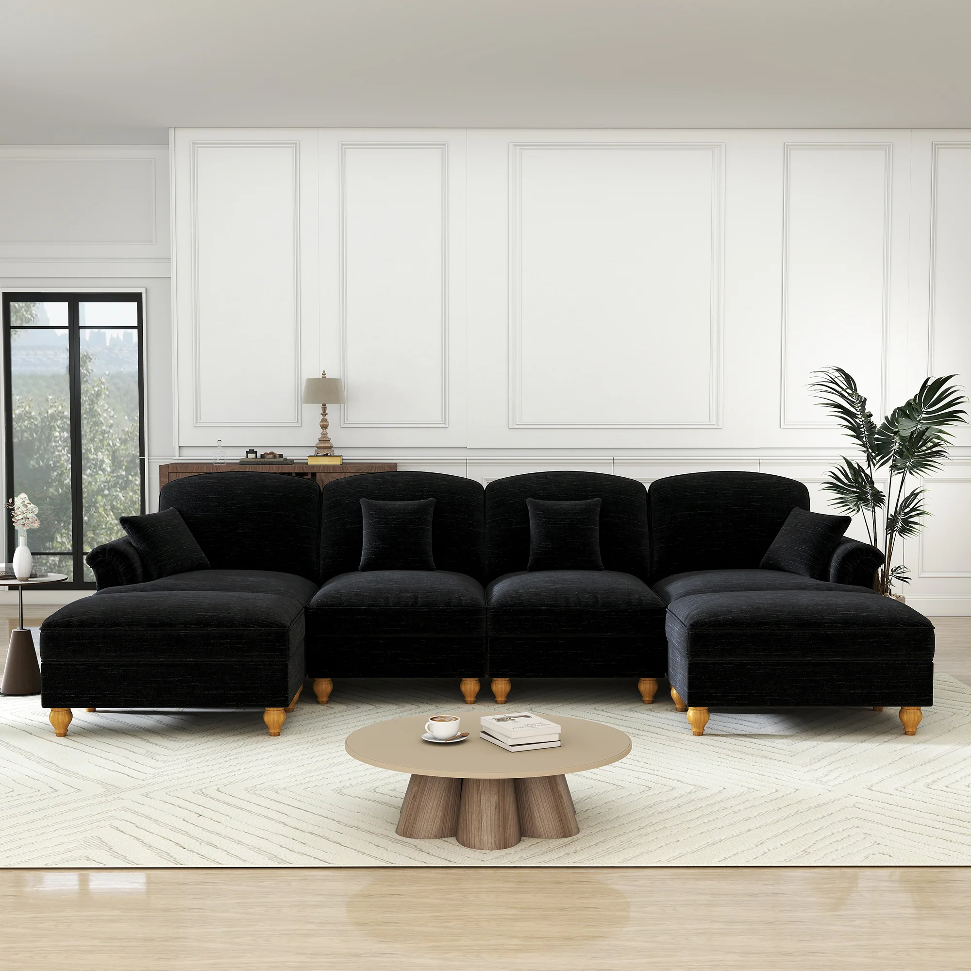 Classic U-shaped Modular Sofa 4-Seater Movable Ottoman Removable Apron - Chenille Black - Image 3