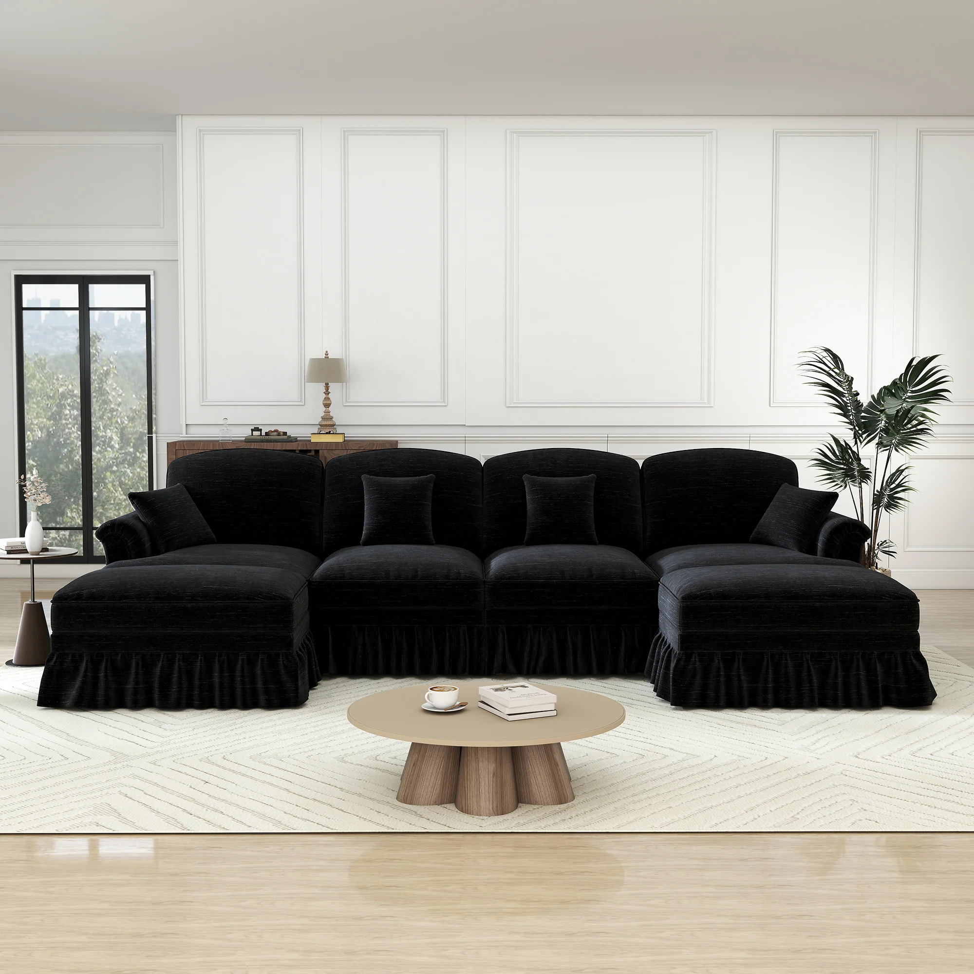 Classic U-shaped Modular Sofa 4-Seater Movable Ottoman Removable Apron - Chenille Black - Image 4