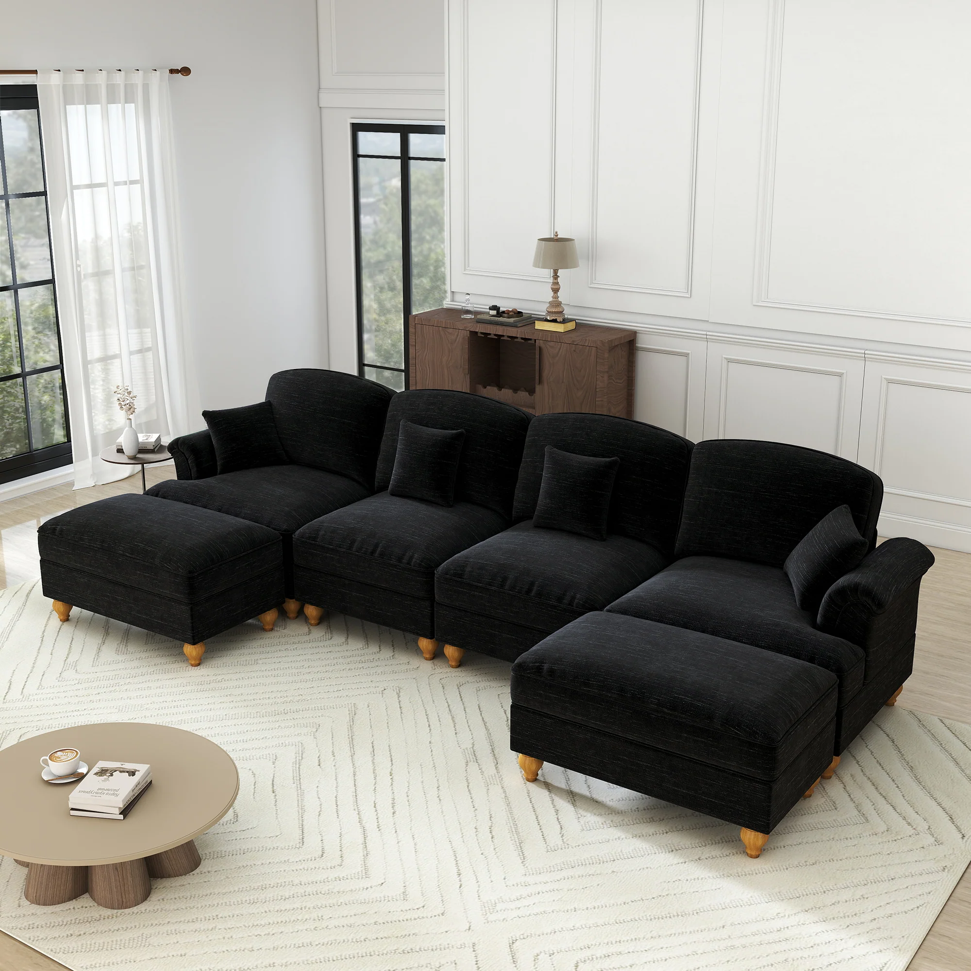 Classic U-shaped Modular Sofa 4-Seater Movable Ottoman Removable Apron - Chenille Black - Image 5