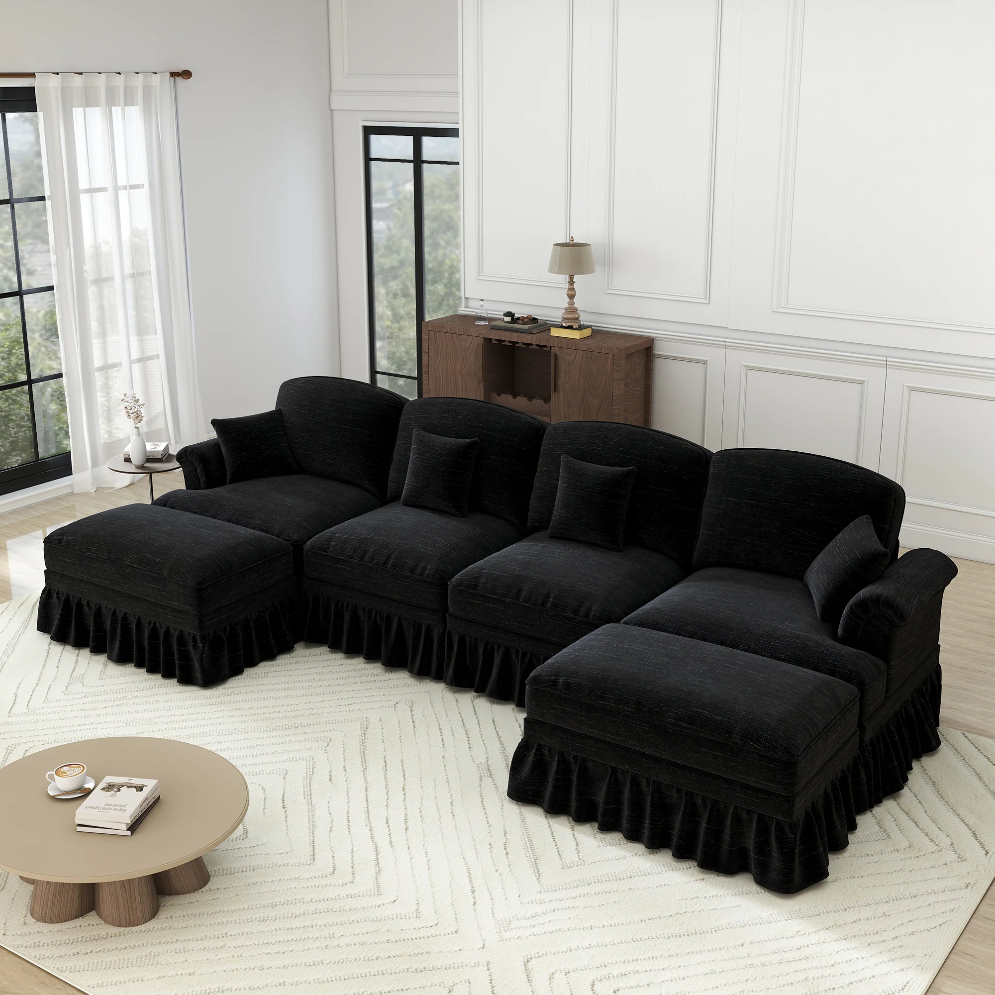 Classic U-shaped Modular Sofa 4-Seater Movable Ottoman Removable Apron - Chenille Black - Image 6