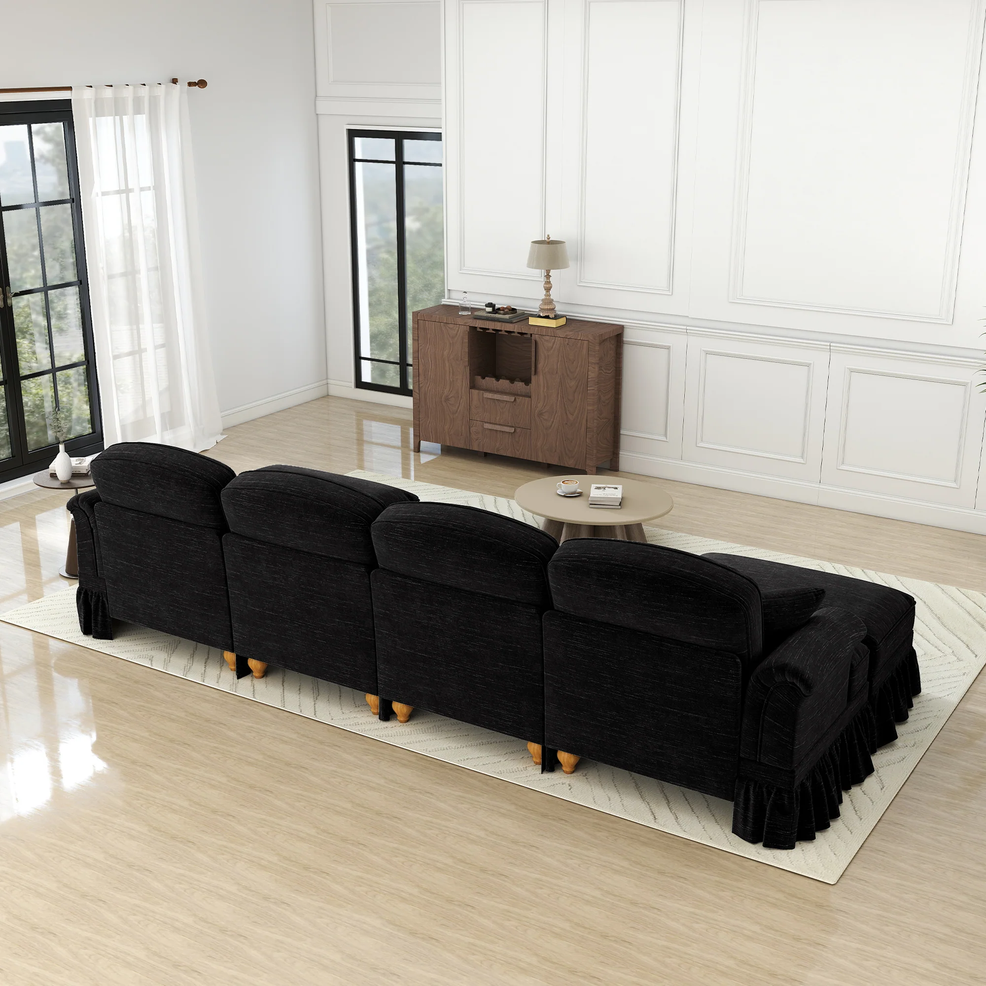 Classic U-shaped Modular Sofa 4-Seater Movable Ottoman Removable Apron - Chenille Black - Image 7