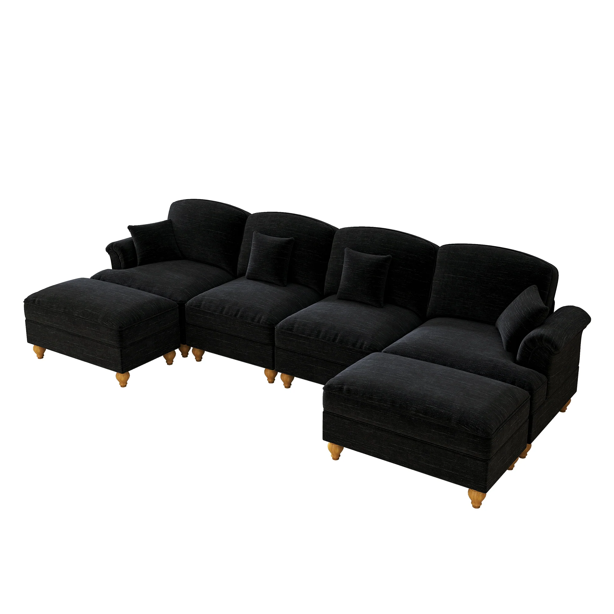 Classic U-shaped Modular Sofa 4-Seater Movable Ottoman Removable Apron - Chenille Black - Image 9