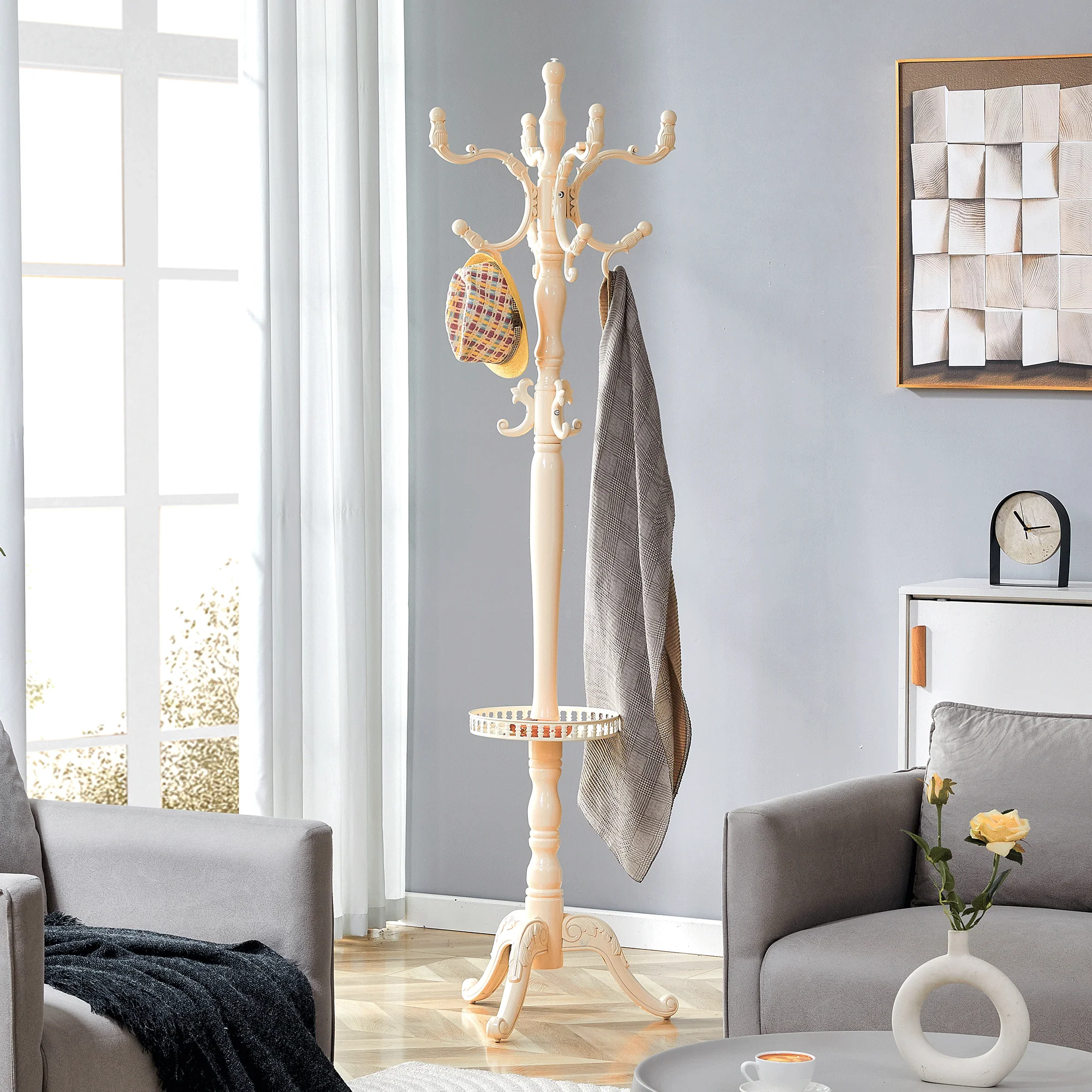 Clothes Rack European Solid Wood Multiple Hooks - Creamy White - Image 3