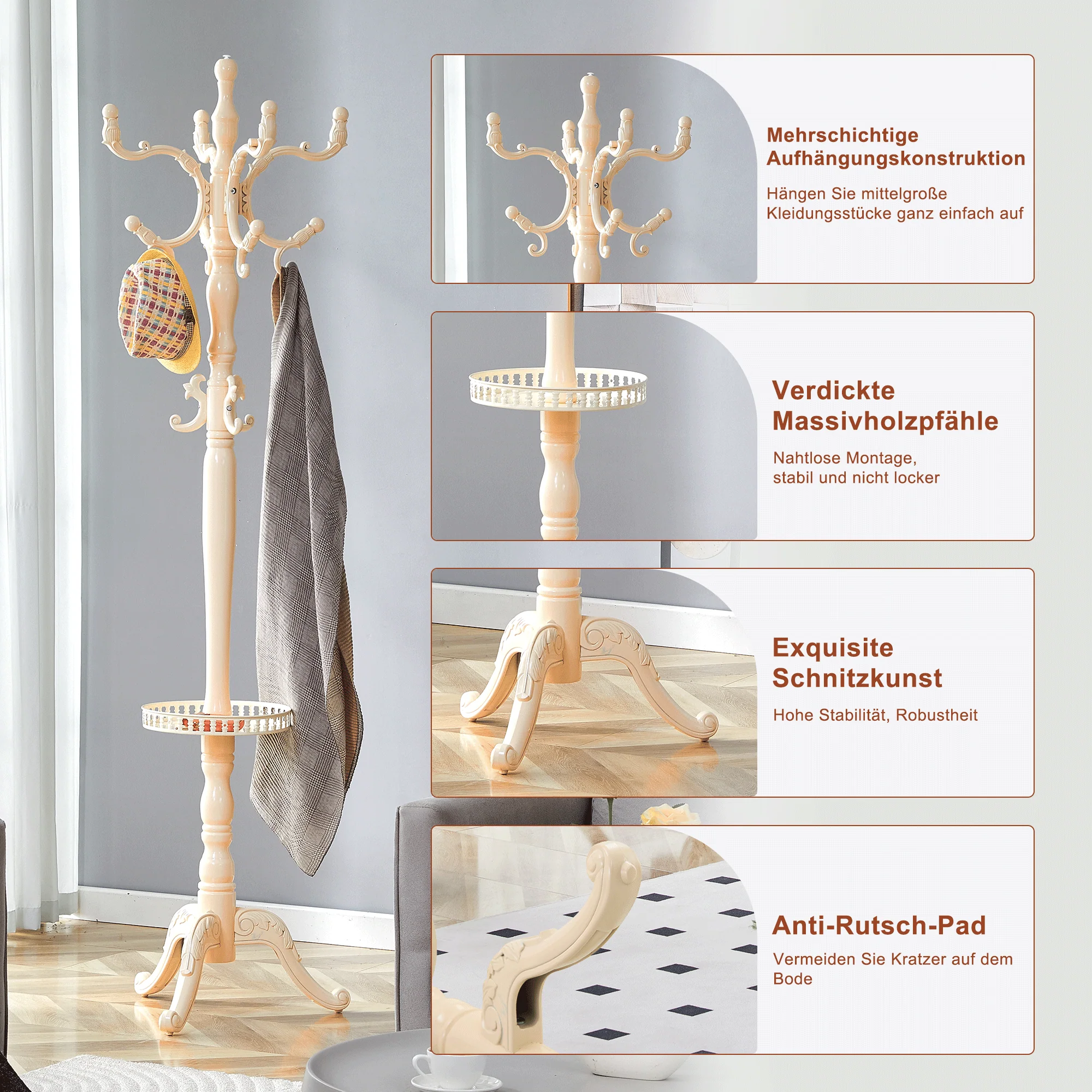 Clothes Rack European Solid Wood Multiple Hooks - Creamy White - Image 7