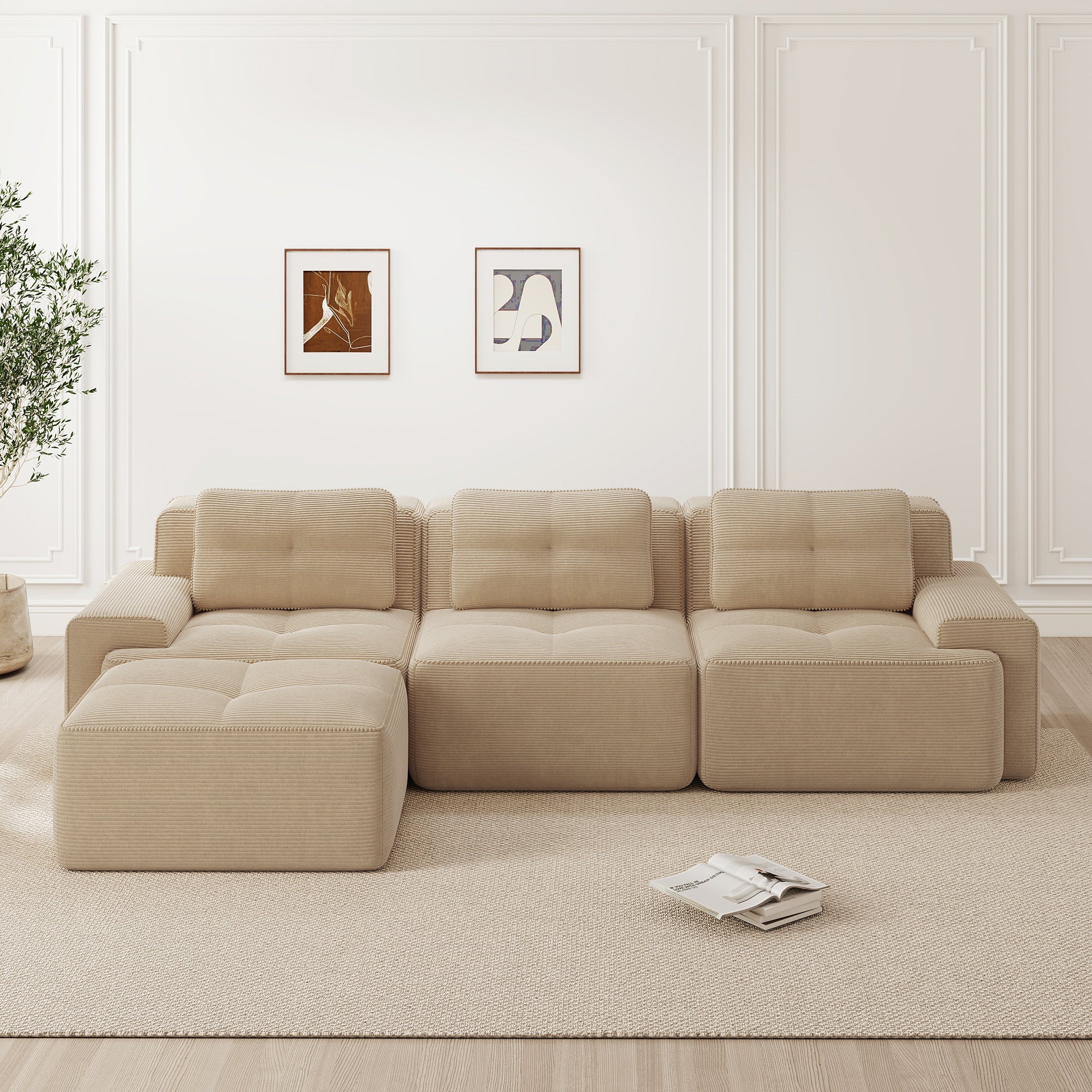 Cloud Modular L-Shaped Sofa 3-Seater Ottoman Boneless Corduroy Beige - Image 2