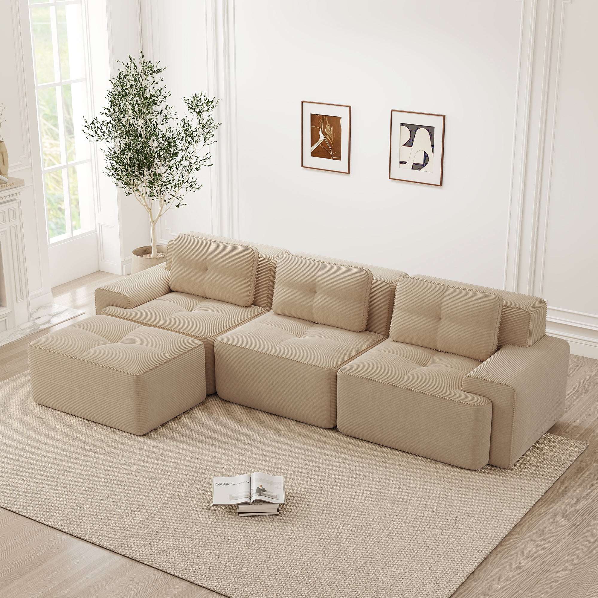 Cloud Modular L-Shaped Sofa 3-Seater Ottoman Boneless Corduroy Beige - Image 3