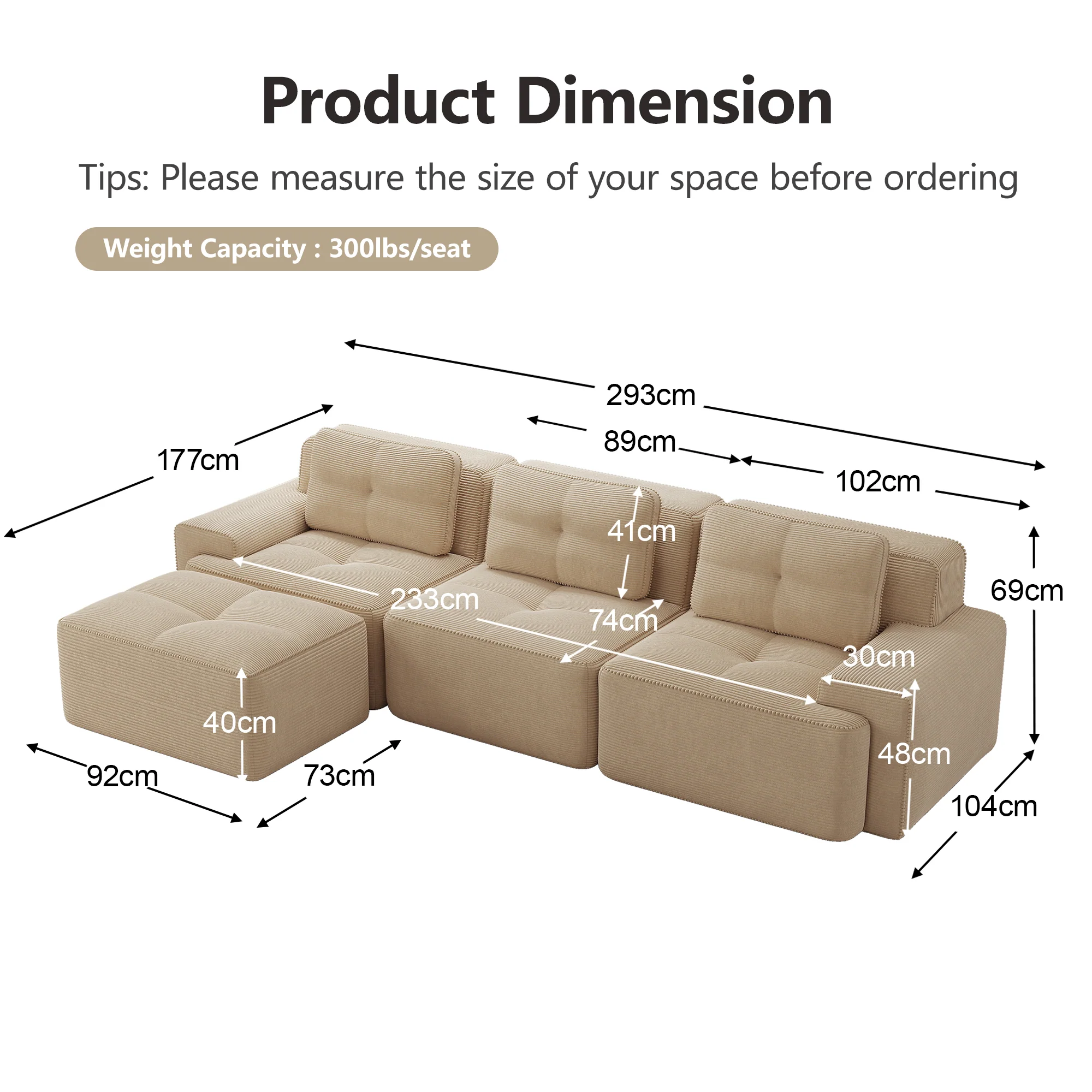 Cloud Modular L-Shaped Sofa 3-Seater Ottoman Boneless Corduroy Beige - Image 7
