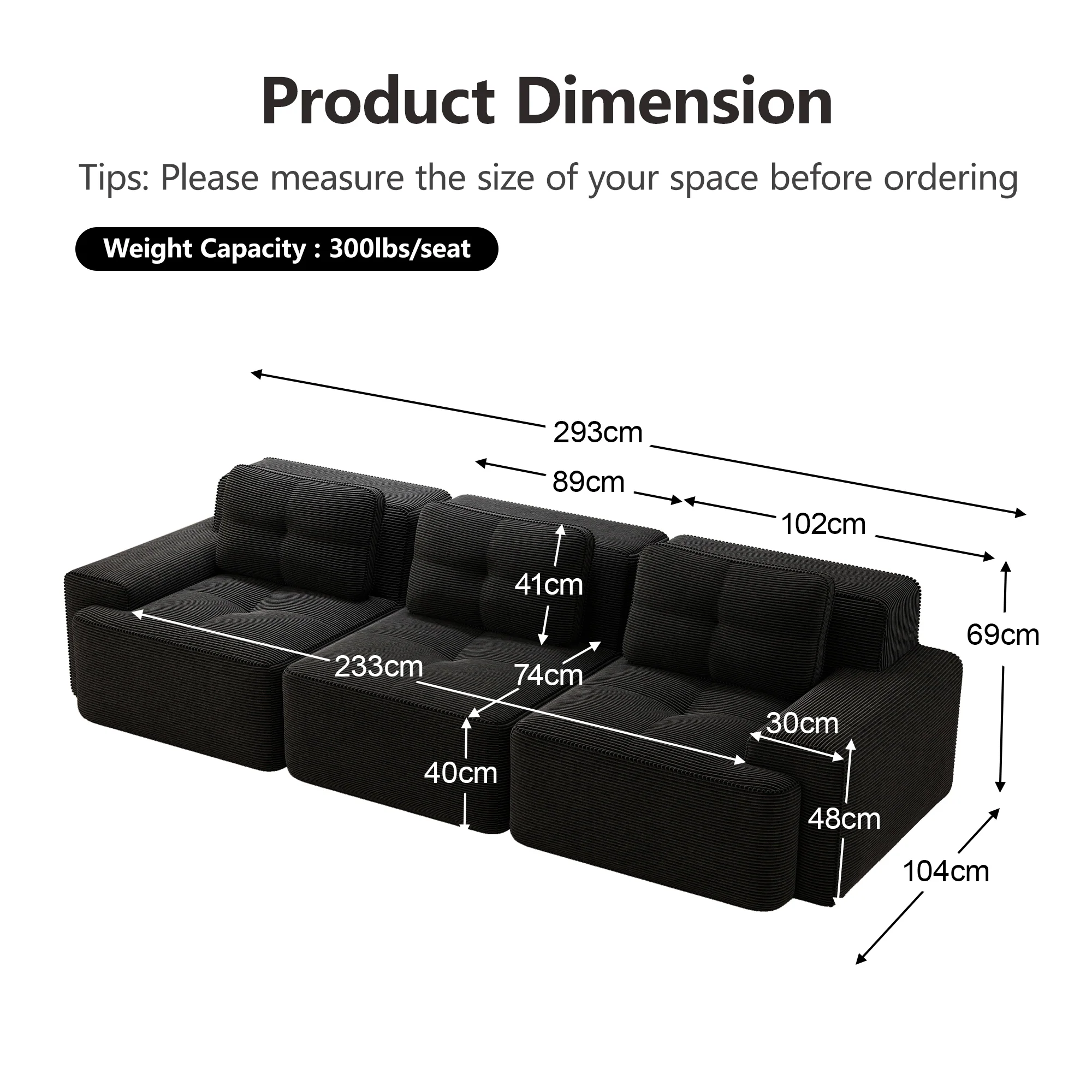 Cloud Modular Sofa Boneless Oversized Corner 3-Seater Corduroy Black - Image 7