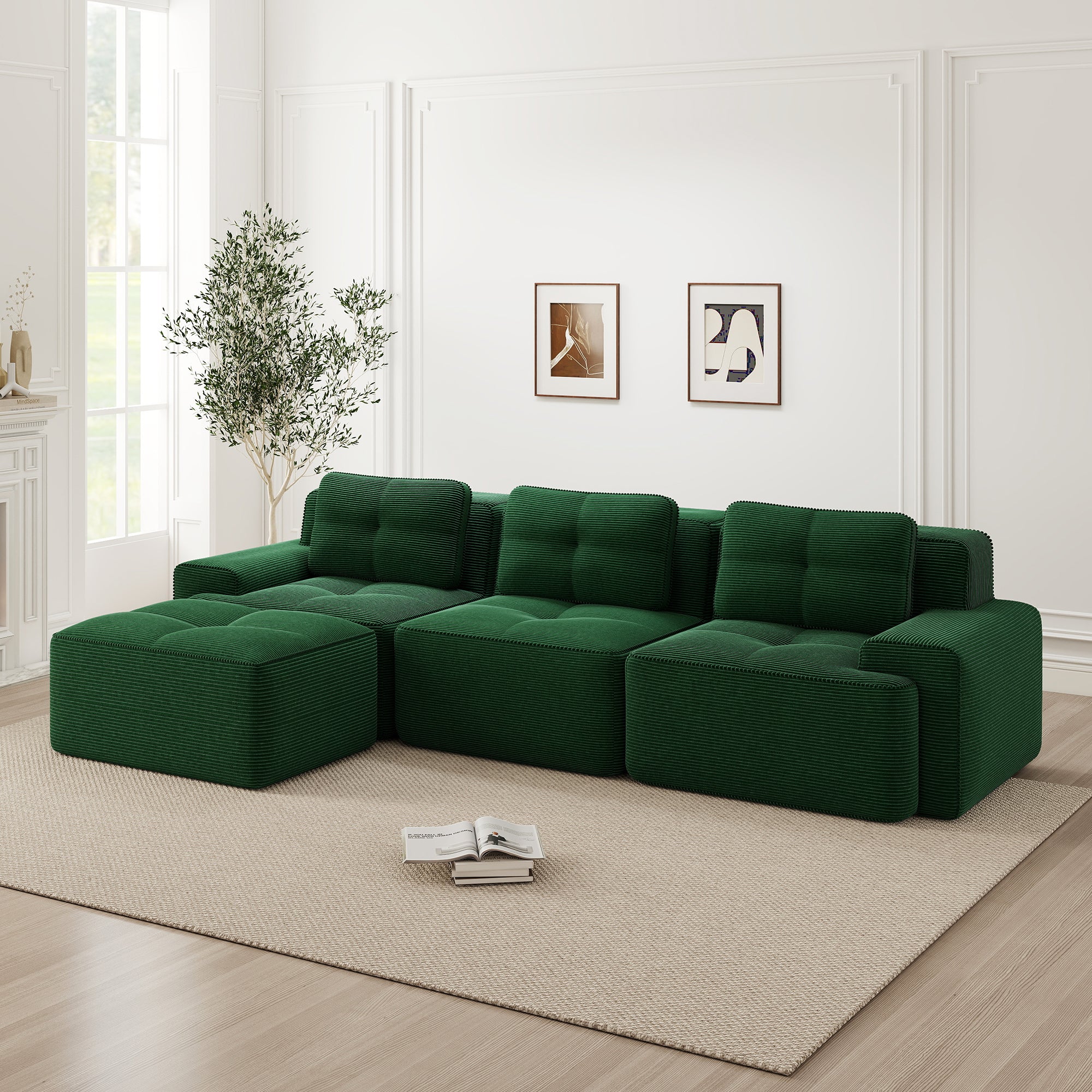 Cloud Modular Sofa L-Shape 3-Seater Ottoman - Corduroy Green