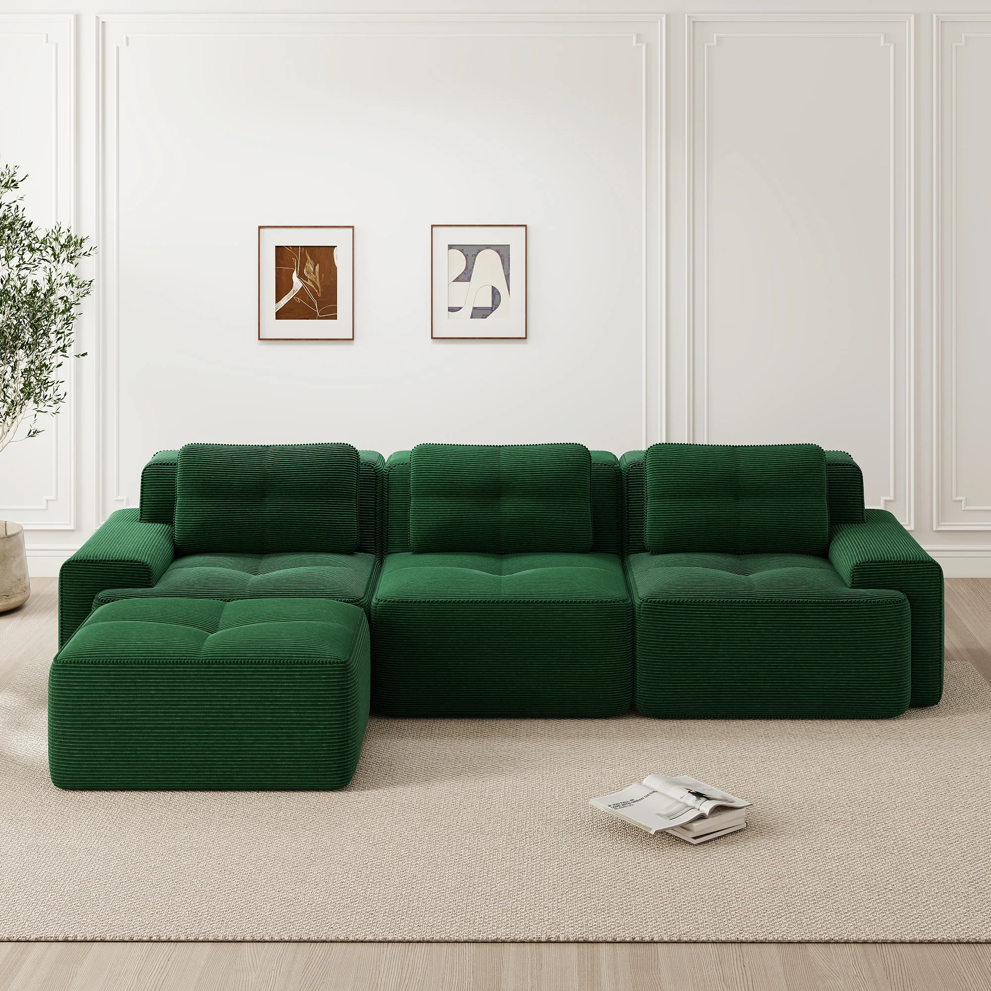 Cloud Modular Sofa L-Shape 3-Seater Ottoman - Corduroy Green - Image 2