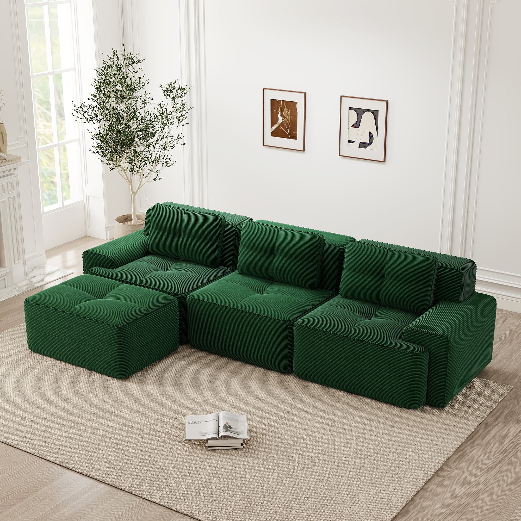 Cloud Modular Sofa L-Shape 3-Seater Ottoman - Corduroy Green - Image 3