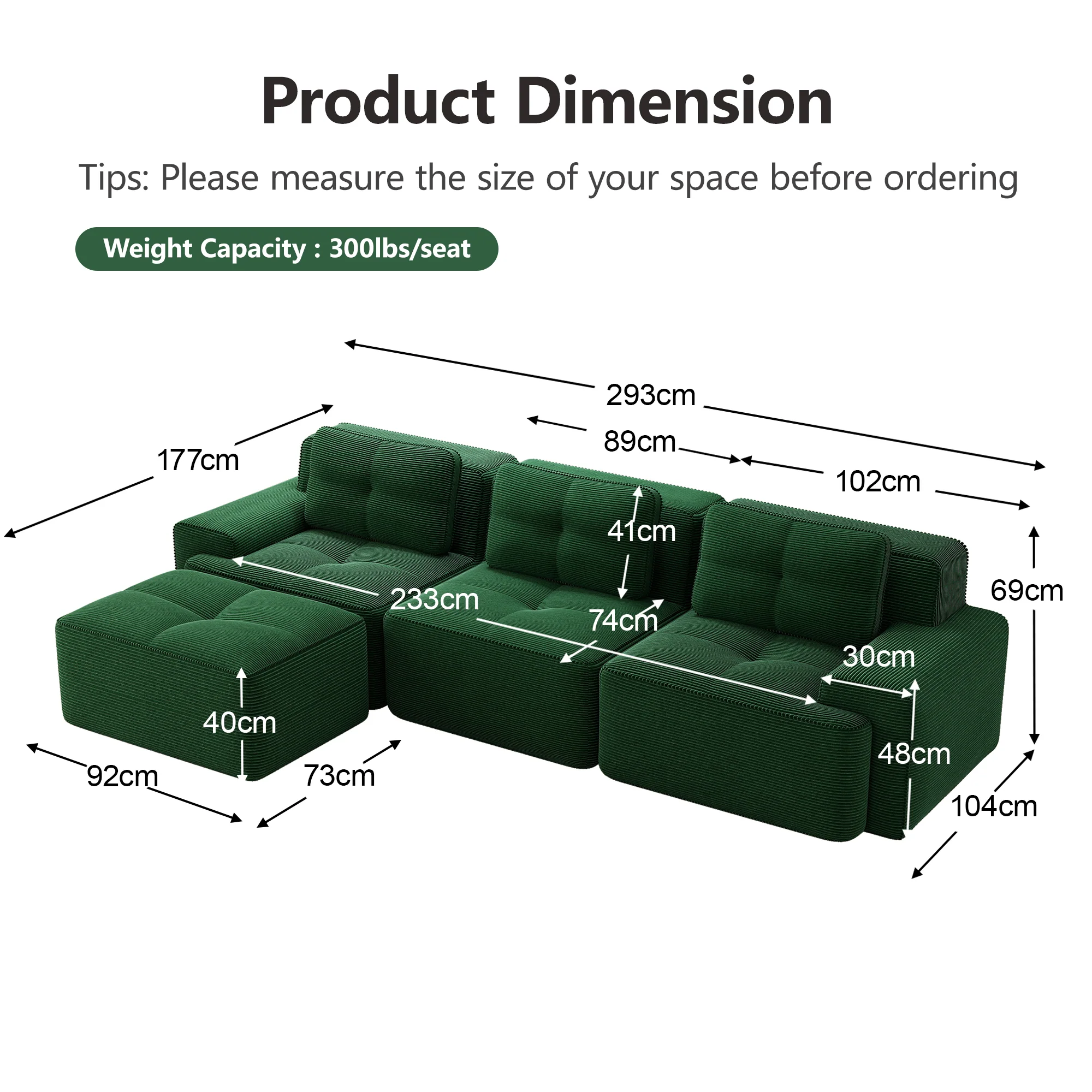 Cloud Modular Sofa L-Shape 3-Seater Ottoman - Corduroy Green - Image 7