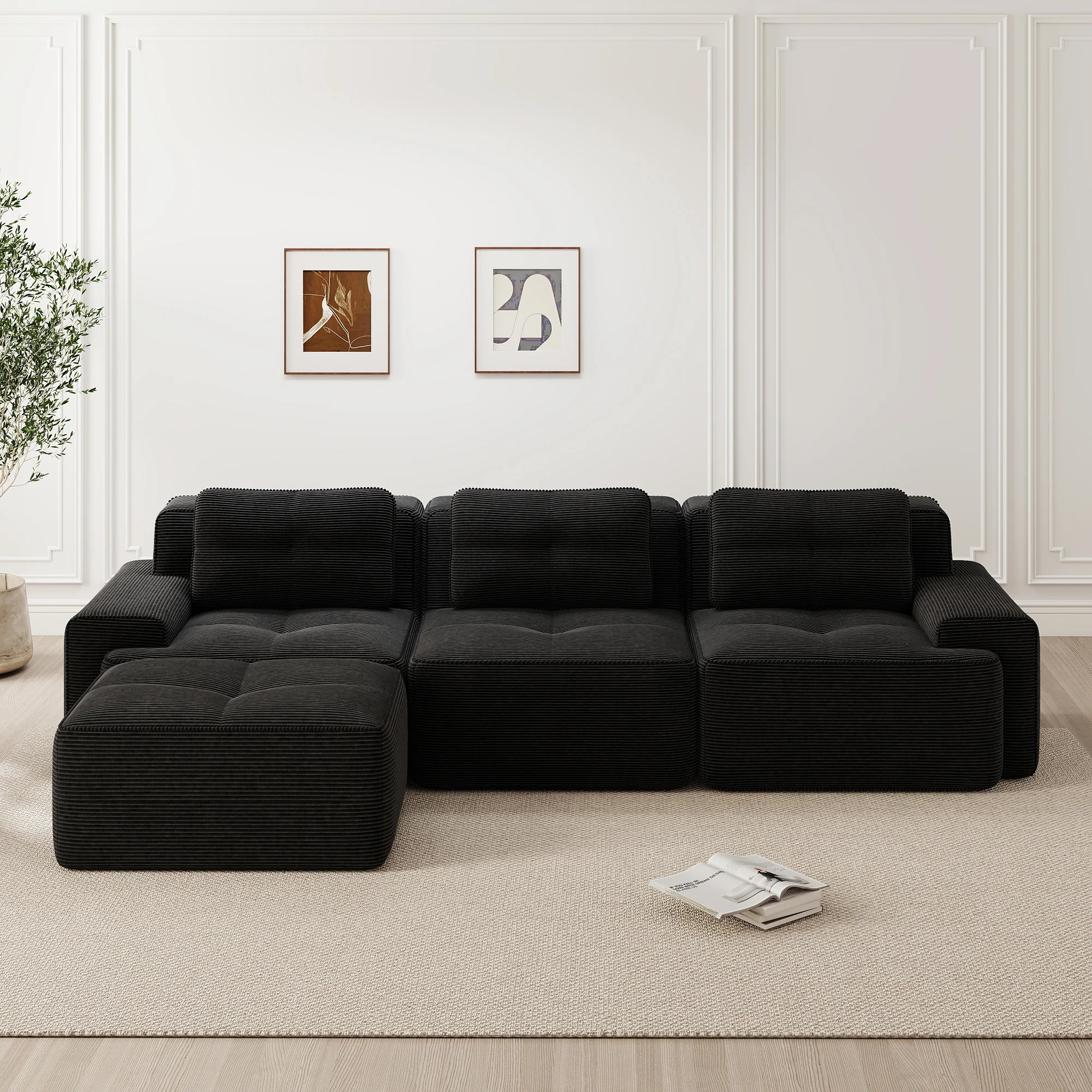Cloud Modular Sofa L-shaped 3-Seater Ottoman Corduroy Black - Image 2