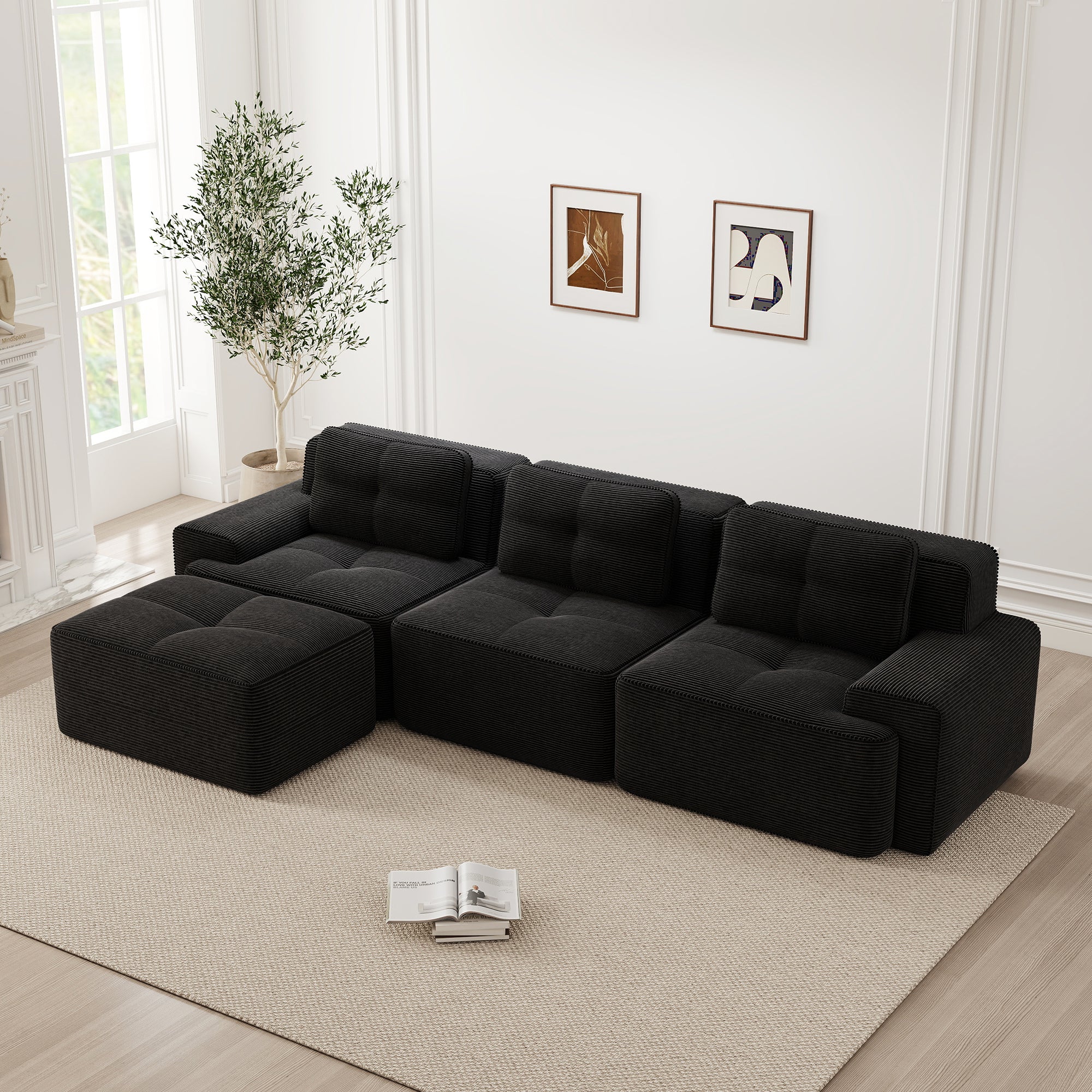 Cloud Modular Sofa L-shaped 3-Seater Ottoman Corduroy Black - Image 3