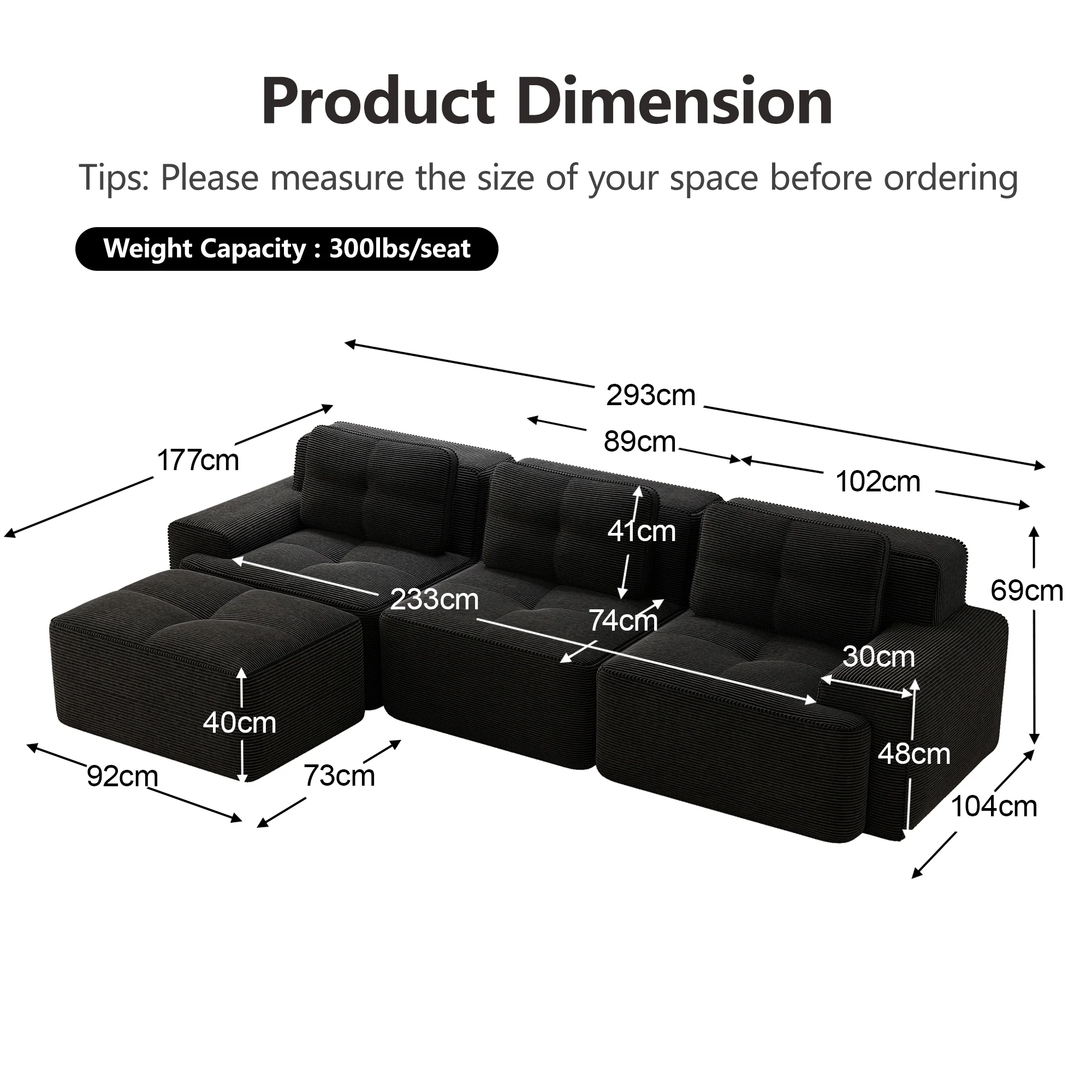 Cloud Modular Sofa L-shaped 3-Seater Ottoman Corduroy Black - Image 7