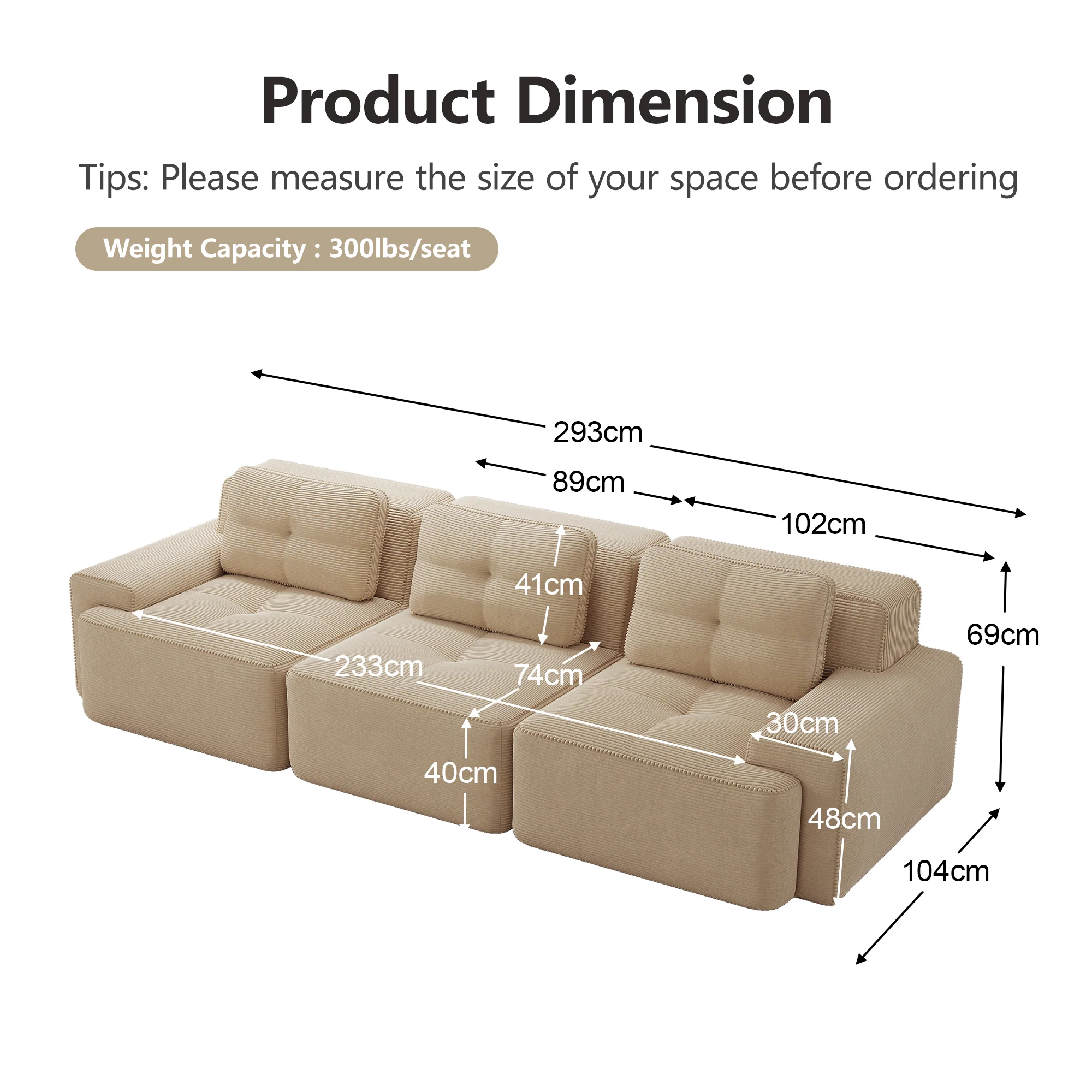 Cloud Modular Sofa Oversized 3-Seater Low Seat Corner Corduroy Beige - Image 6