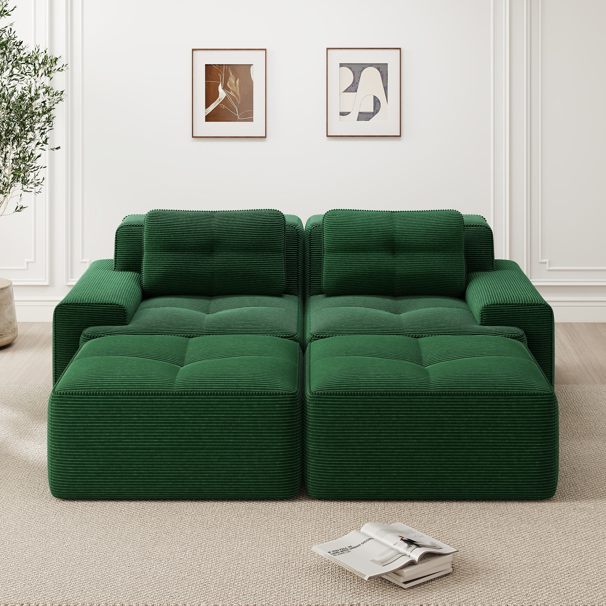 Cloud Modular Sofa U-Shape with Ottoman Deep Seat - Corduroy Green - Image 2
