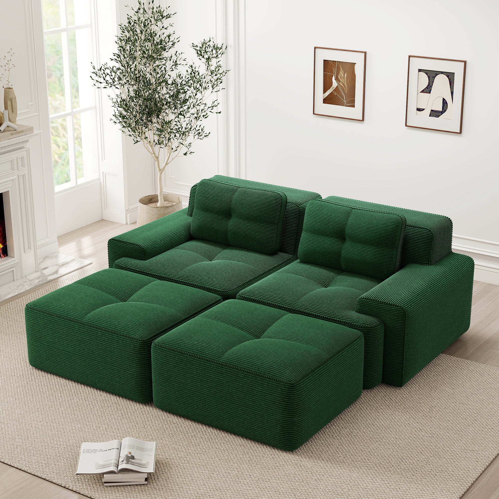 Cloud Modular Sofa U-Shape with Ottoman Deep Seat - Corduroy Green - Image 3