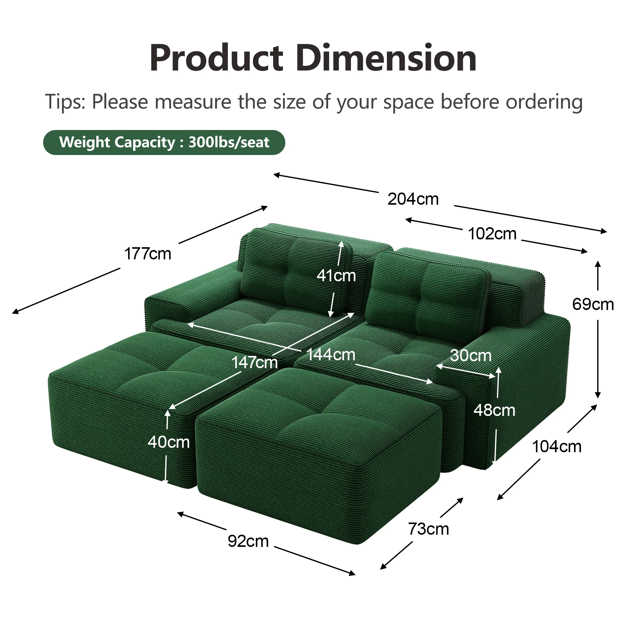 Cloud Modular Sofa U-Shape with Ottoman Deep Seat - Corduroy Green - Image 7