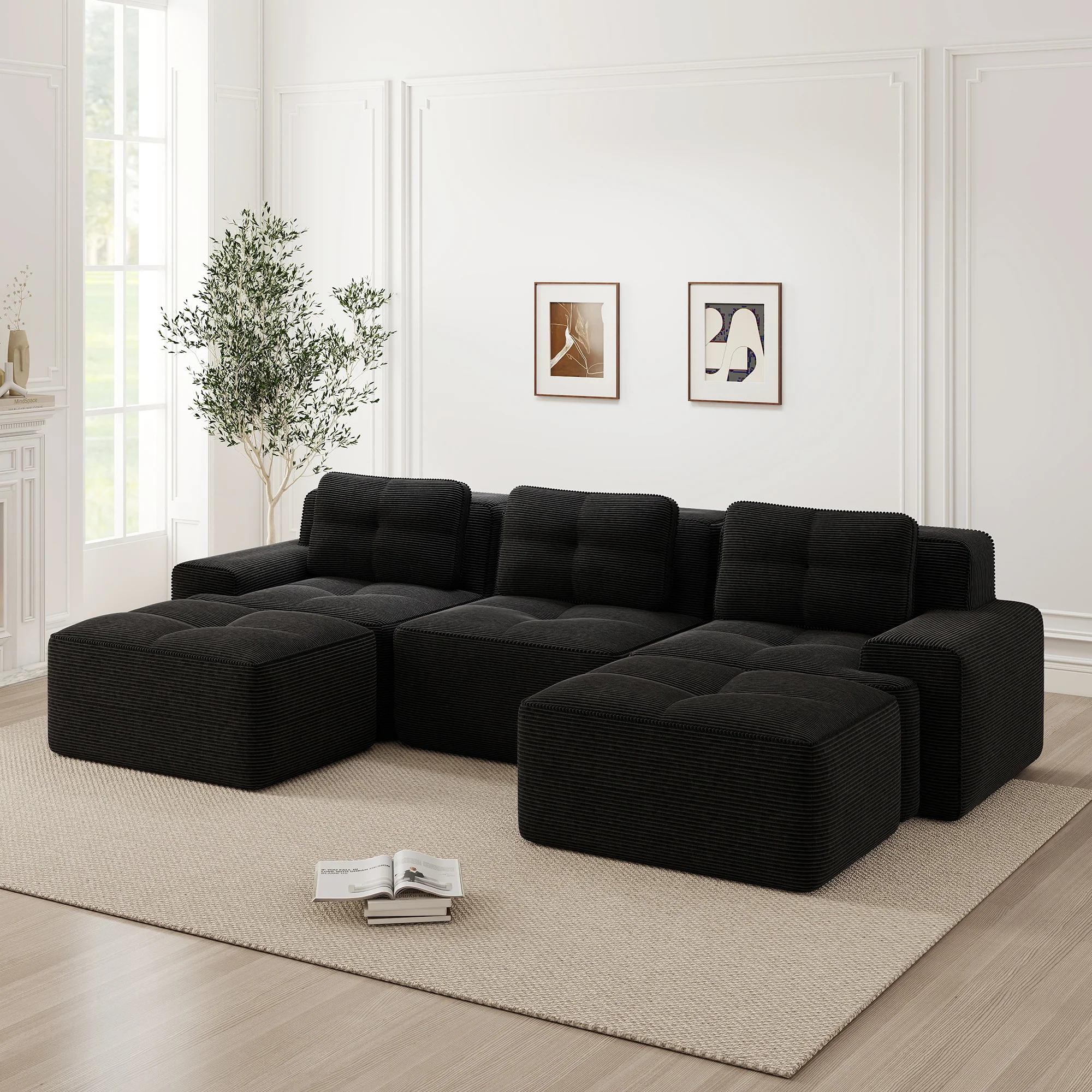Cloud Modular Sofa U-shaped 3-Seater with Ottoman Corduroy Black