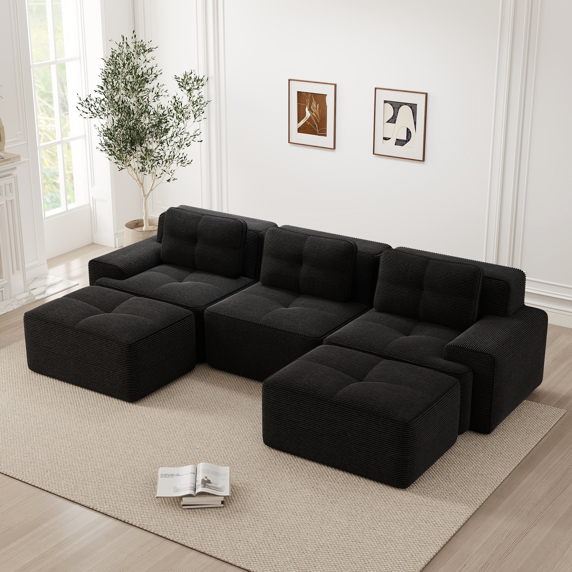 Cloud Modular Sofa U-shaped 3-Seater with Ottoman Corduroy Black - Image 3