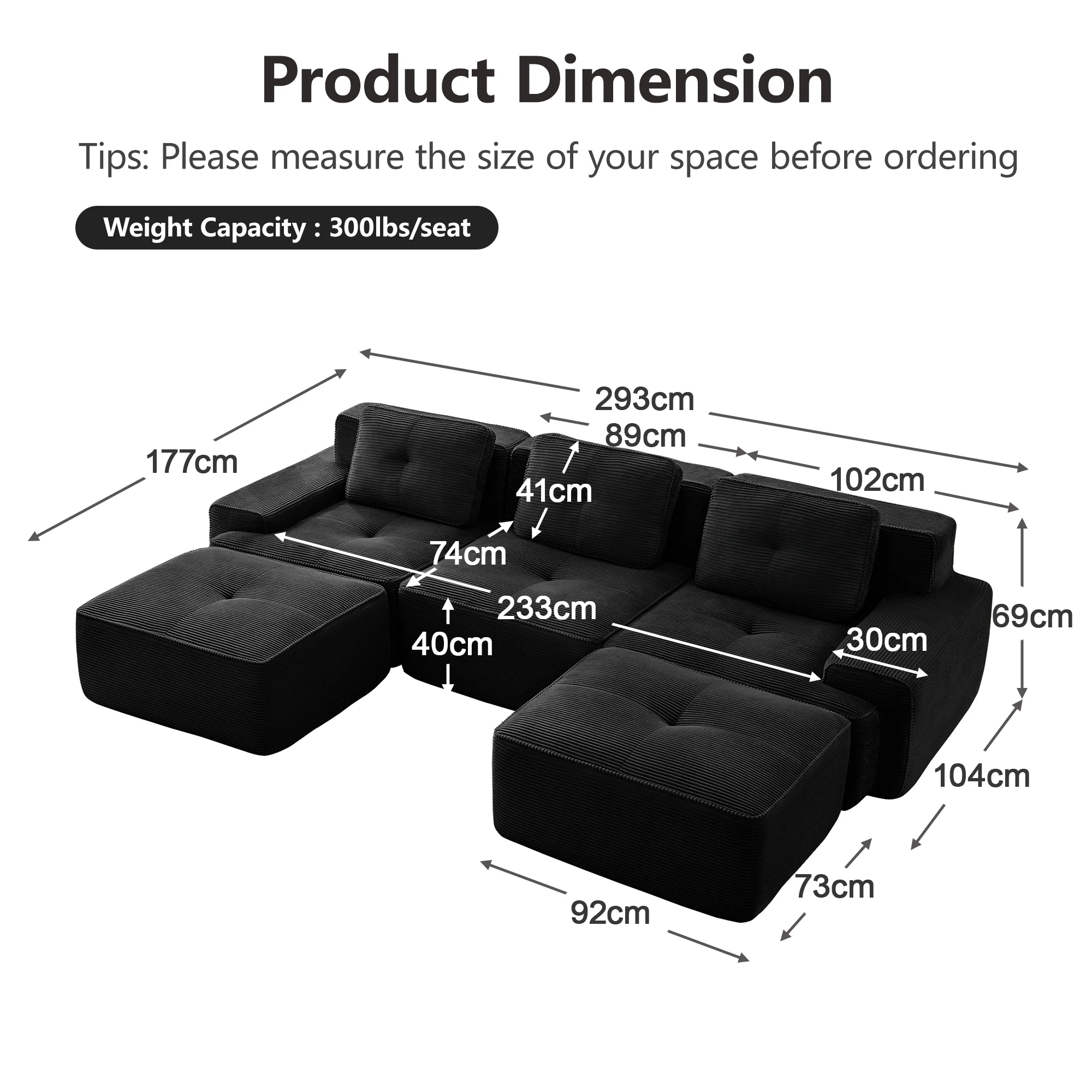 Cloud Modular Sofa U-shaped 3-Seater with Ottoman Corduroy Black - Image 7