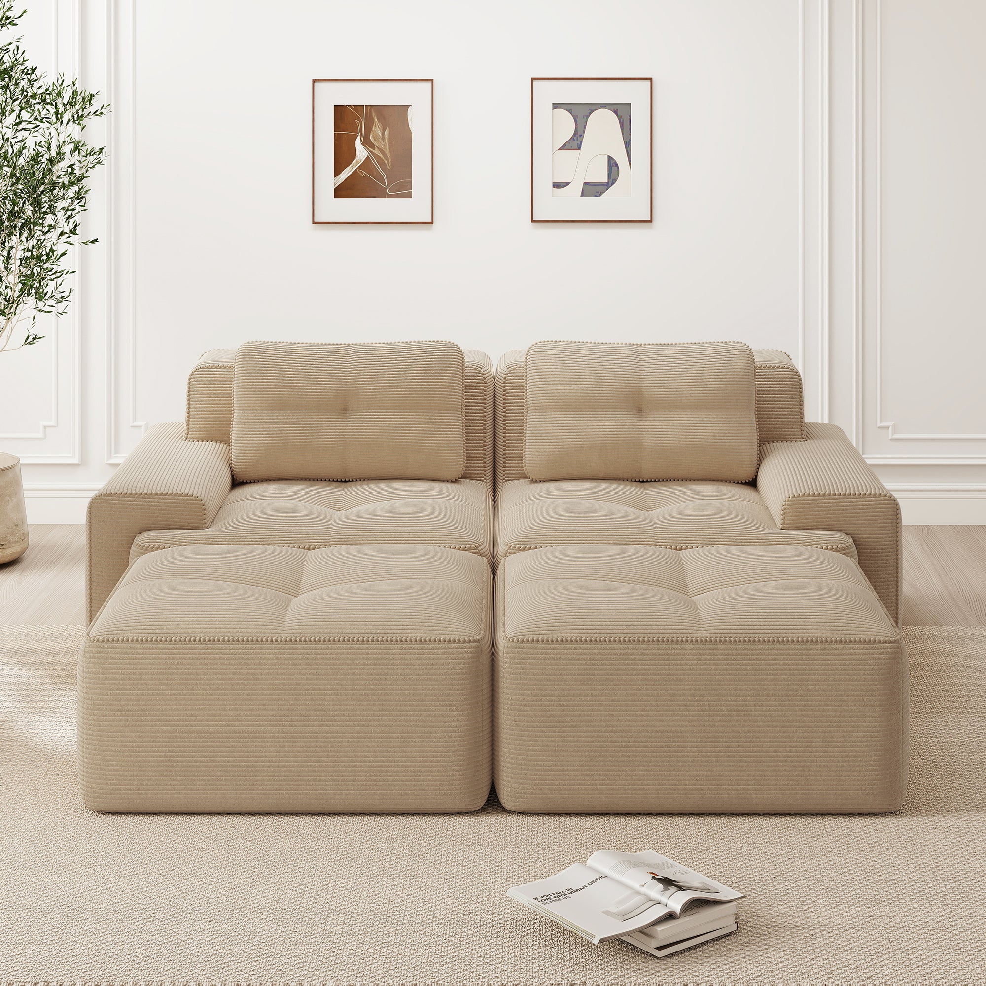 Cloud Modular Sofa U-Shaped Ottoman 2-Seater - Corduroy Beige - Image 2
