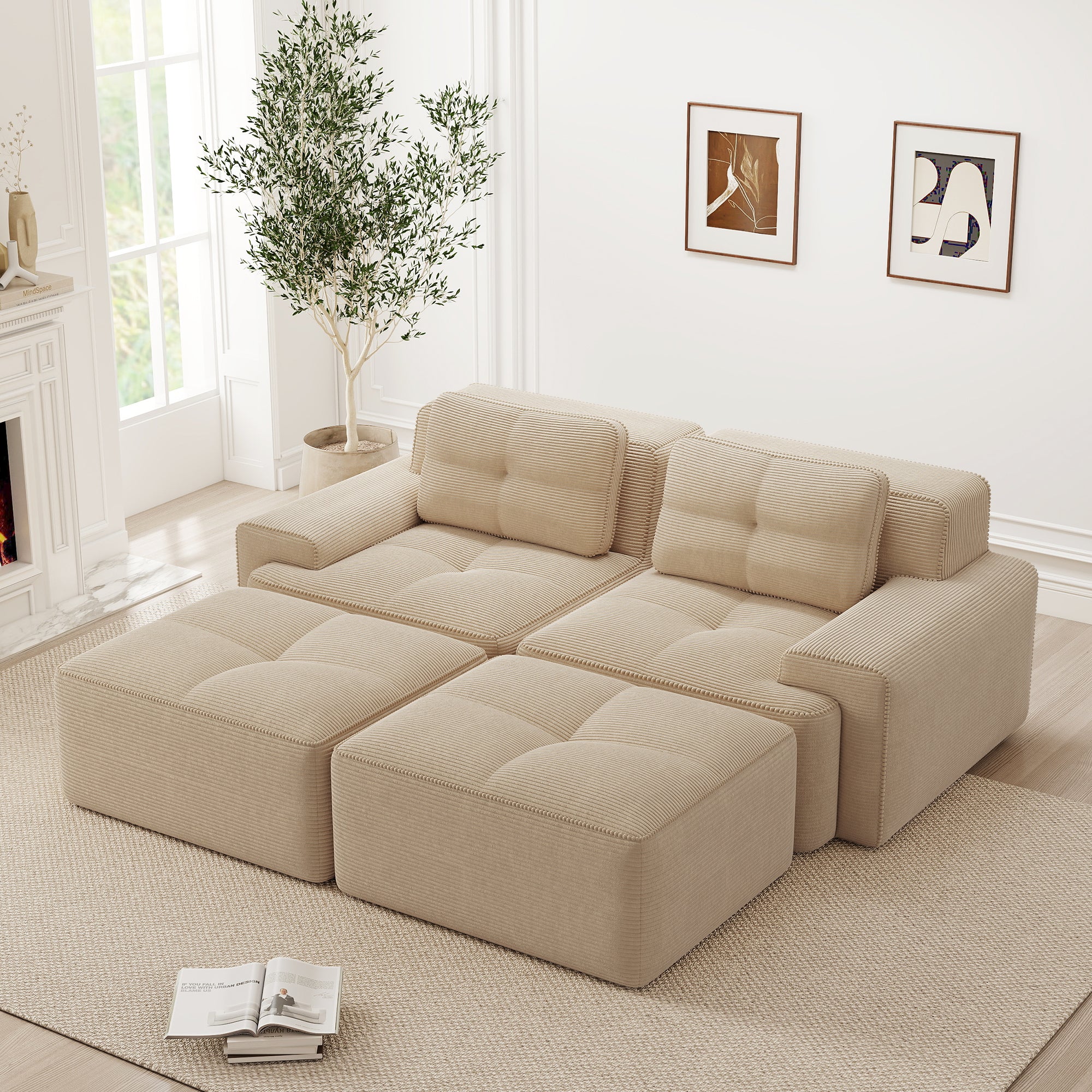 Cloud Modular Sofa U-Shaped Ottoman 2-Seater - Corduroy Beige - Image 3