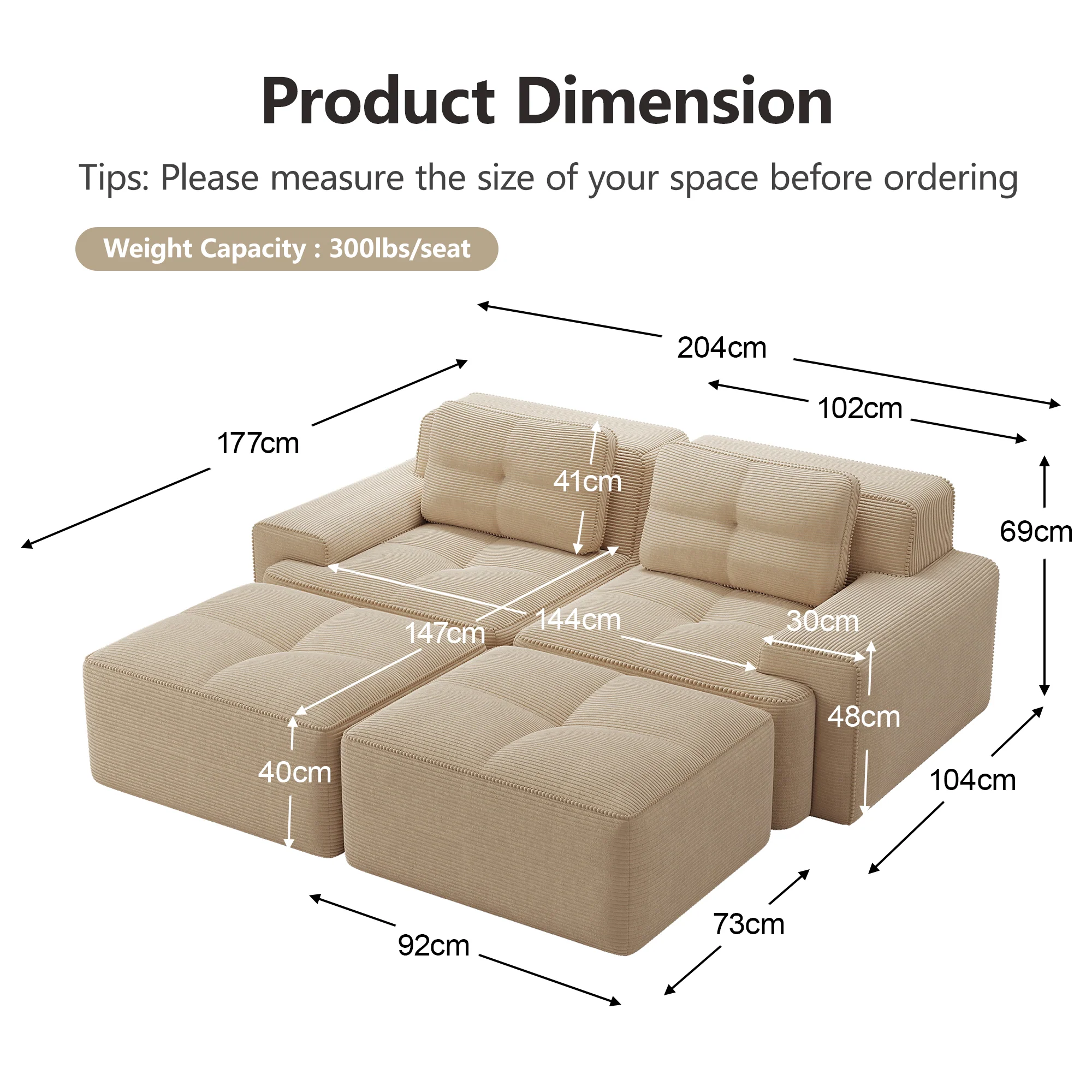 Cloud Modular Sofa U-Shaped Ottoman 2-Seater - Corduroy Beige - Image 7